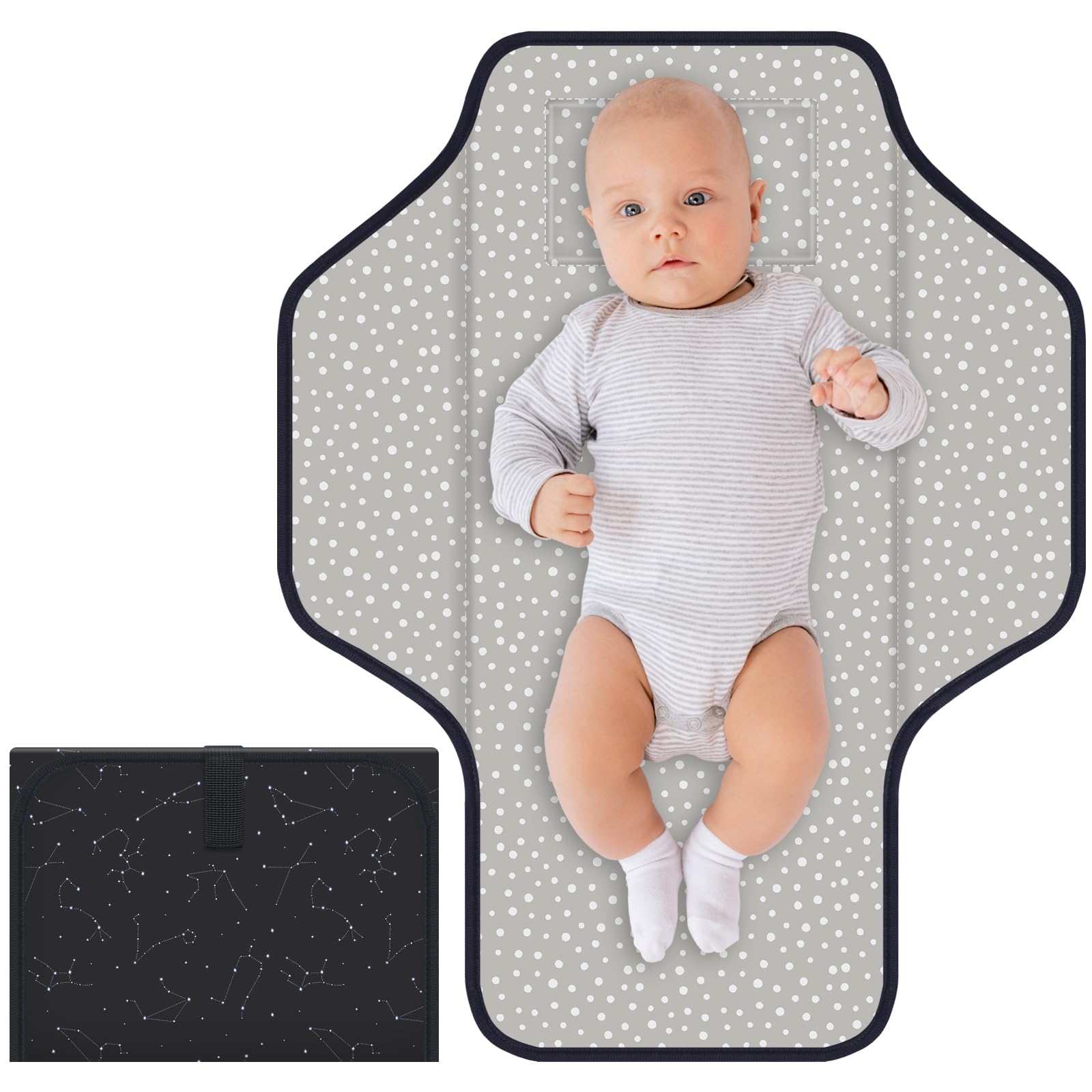 Portable Baby Diaper Changing Pad - Foldable Travel Changing Mat with Built-in Pillow, Waterproof Compact Diaper Station for Newborns & Infants | Perfect for Nursery, On-the-Go & Baby Showers (Black Astral)