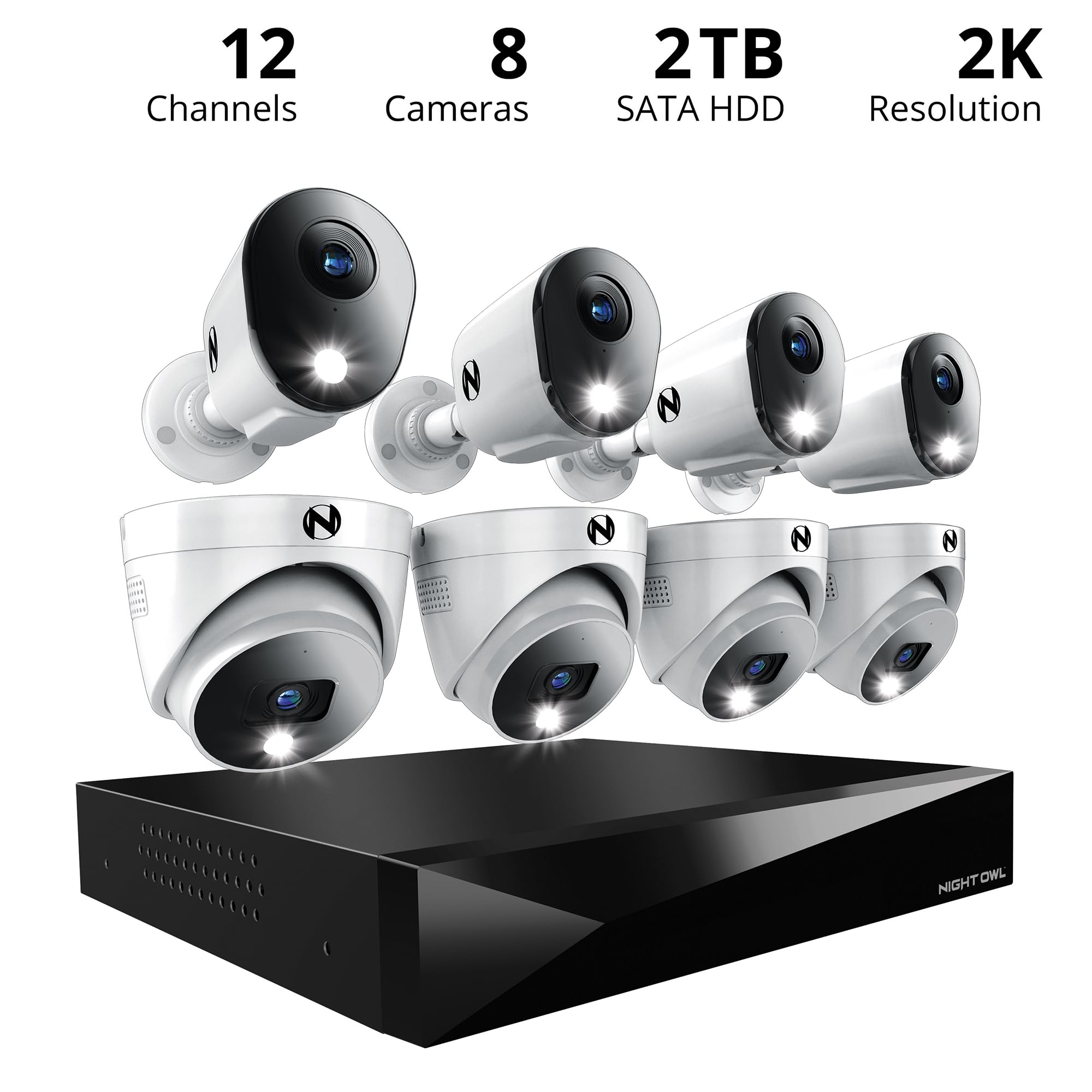 Night Owl 2-Way Audio 12 Channel DVR Security System with 8 Wired 2K HD Cameras (4 Bullet + 4 Dome) & 2TB HDD - Indoor/Outdoor Surveillance for Home & Business Protection - Perfect for 24/7 Monitoring & Crime Deterrence