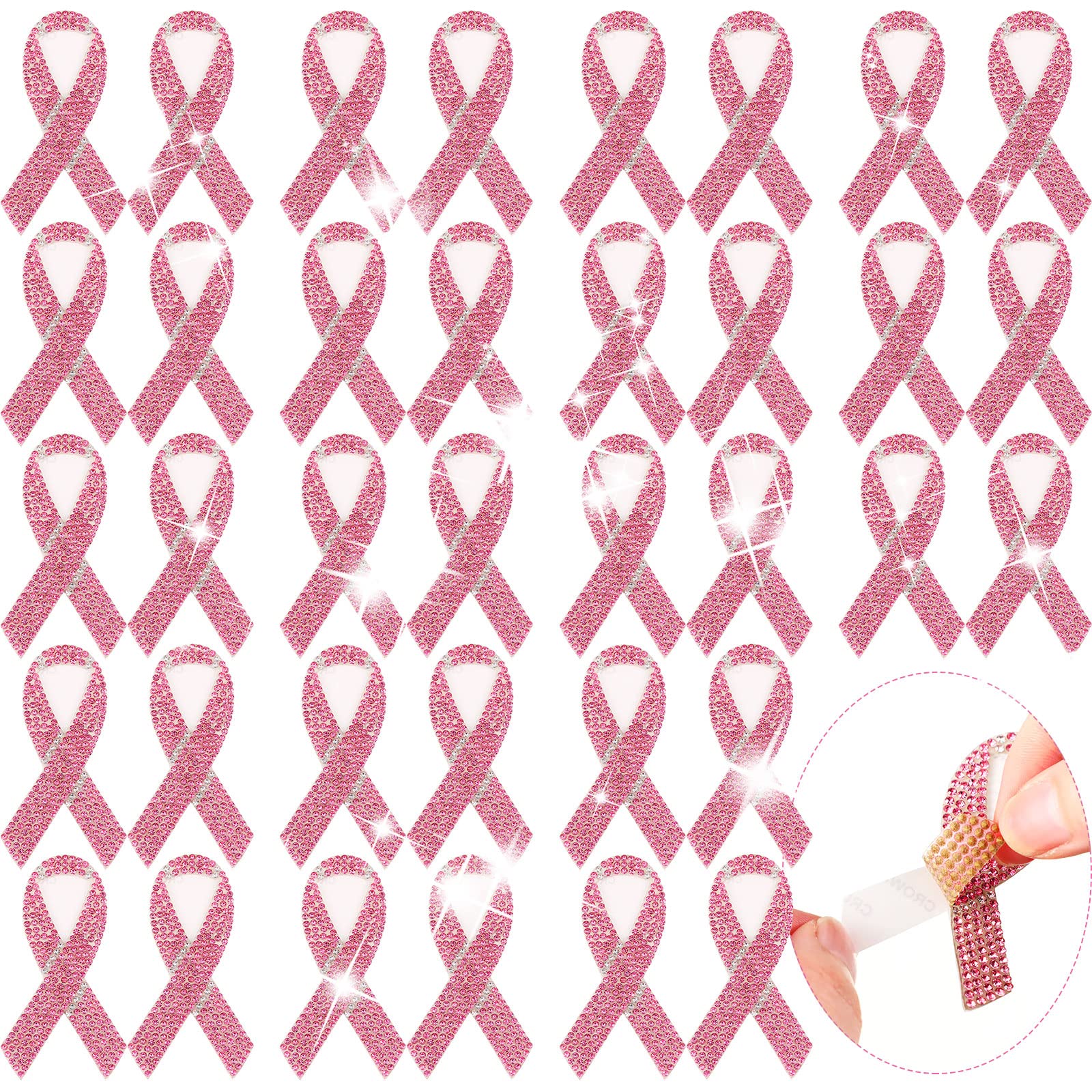 Yilloog 36 Pcs Pink Ribbon Breast Cancer Awareness Iron-On Patches - Self-Adhesive Rhinestone & Embroidered Sew-On Appliques for Clothes, Jeans, Jackets (DIY Craft, Fundraising Events, Survivor Gifts)