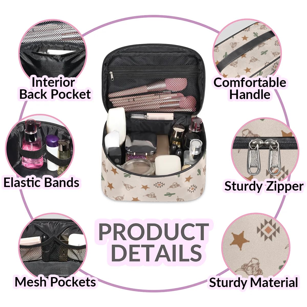 Highland Cow Makeup Bag for Women & Girls - Large Capacity Western Cactus Travel Cosmetic Organizer with Zipper - Perfect for Travel, Gym & Daily Makeup Storage