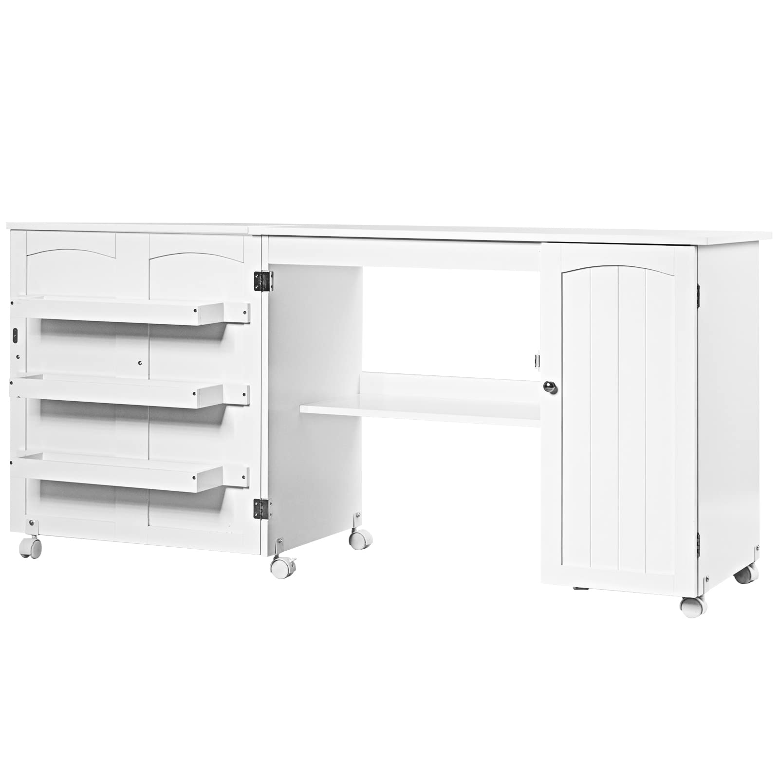 Wooden Folding Sewing Table with Adjustable Storage Shelves & Lockable Casters - Portable Rolling Sewing Cabinet Desk for Small Spaces, Craft Room & Quilting Studio (White) | Perfect for Sewing Projects, DIY Crafts & Home Organization