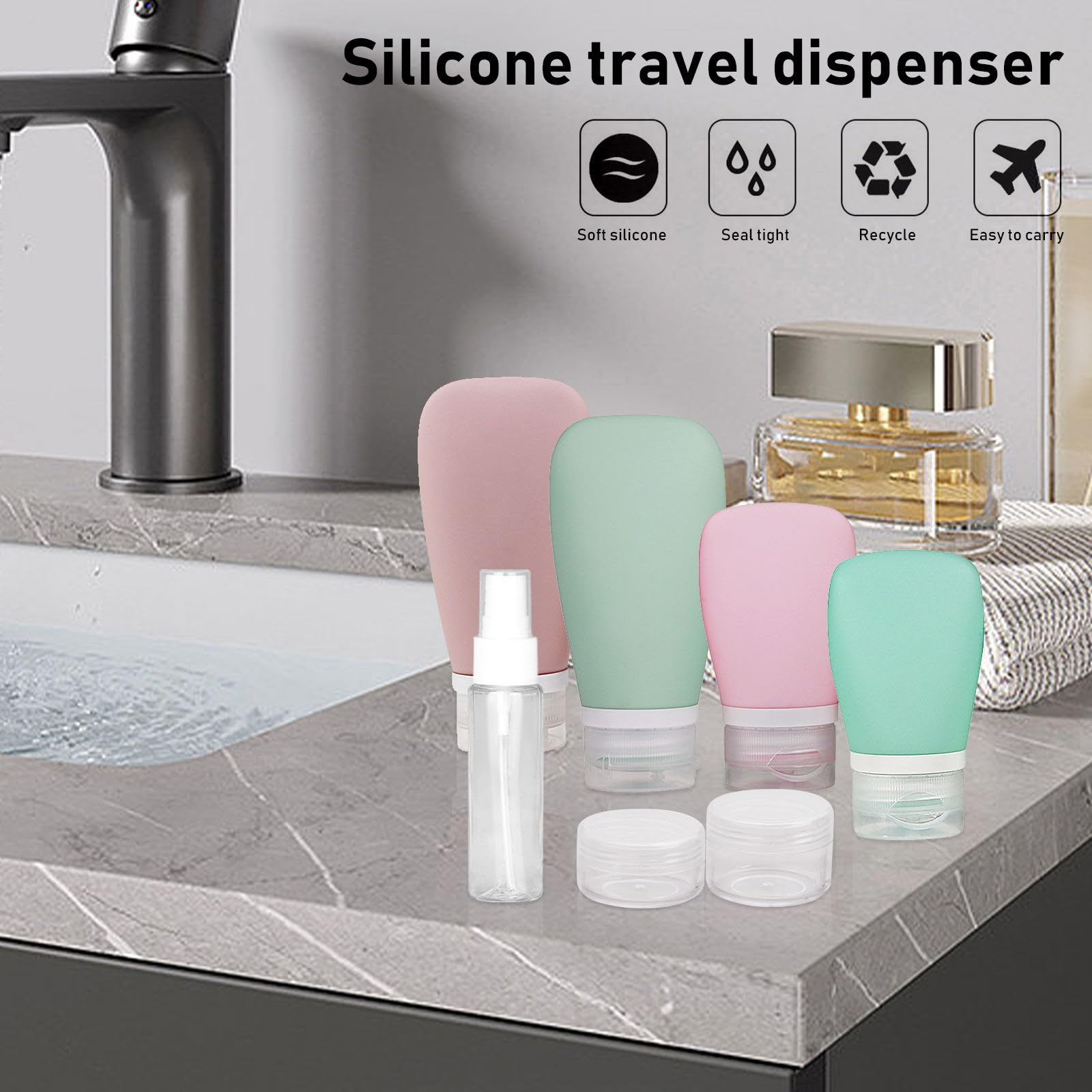 7-Pack Leak Proof Silicone Travel Bottles Set for Toiletries - Portable & TSA Approved (Pink + Green) - Perfect for Air Travel, Camping & Gym Essentials