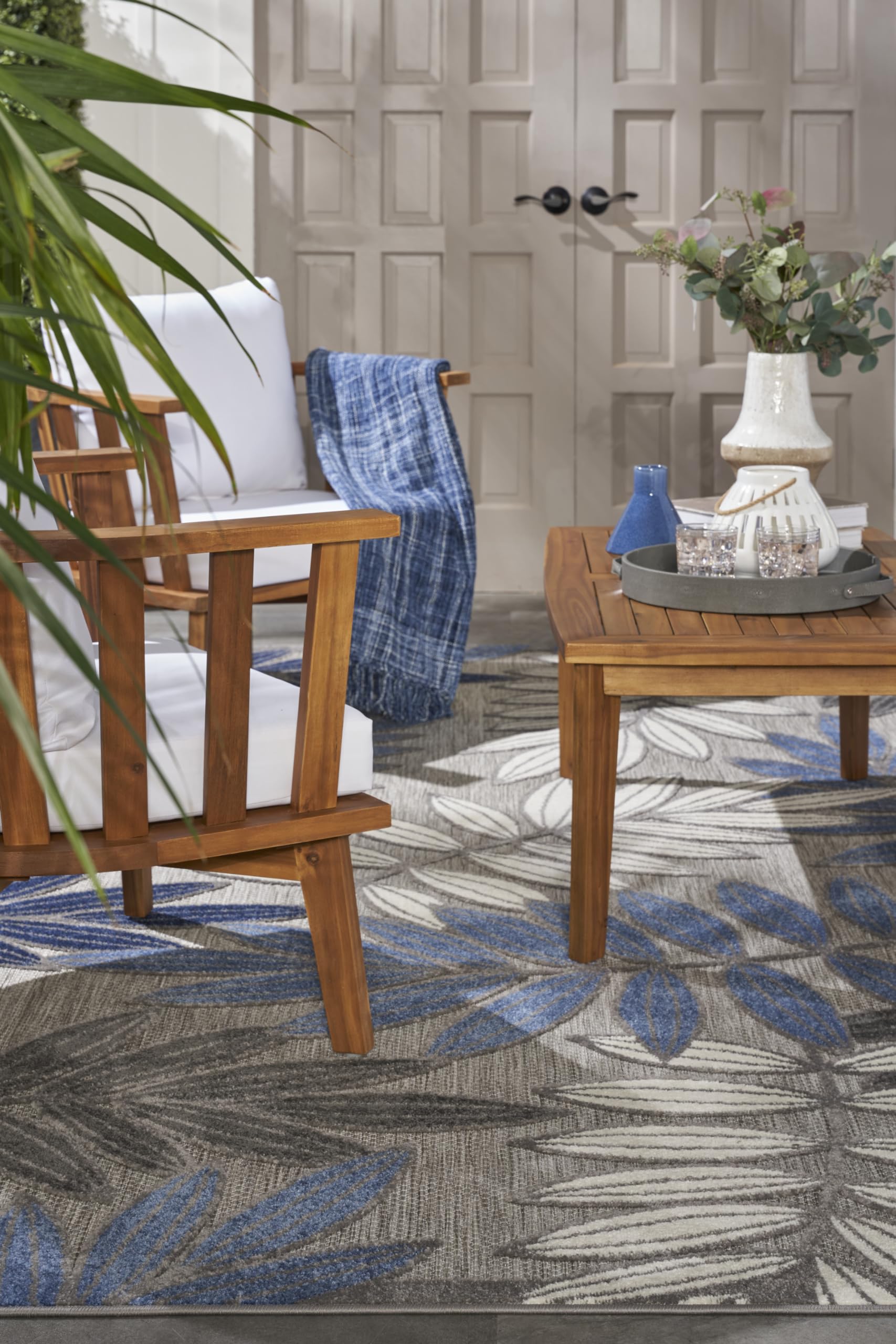 Nourison Aloha Indoor/Outdoor 7' x 10' Area Rug - Soft Grey & Blue Design, Easy to Clean, Non-Shedding, Stain Resistant - Perfect for Bedroom, Living Room, Dining Room, Backyard, Deck & Patio (7x10)