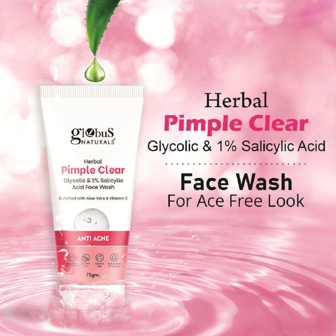 Globus Naturals Glycolic & 1% Salicylic Acid Acne Face Wash with Orange & Almond Extract - Oily & Acne-Prone Skin Treatment, 75g | Daily Cleanser for Clear Skin & Blemish Control