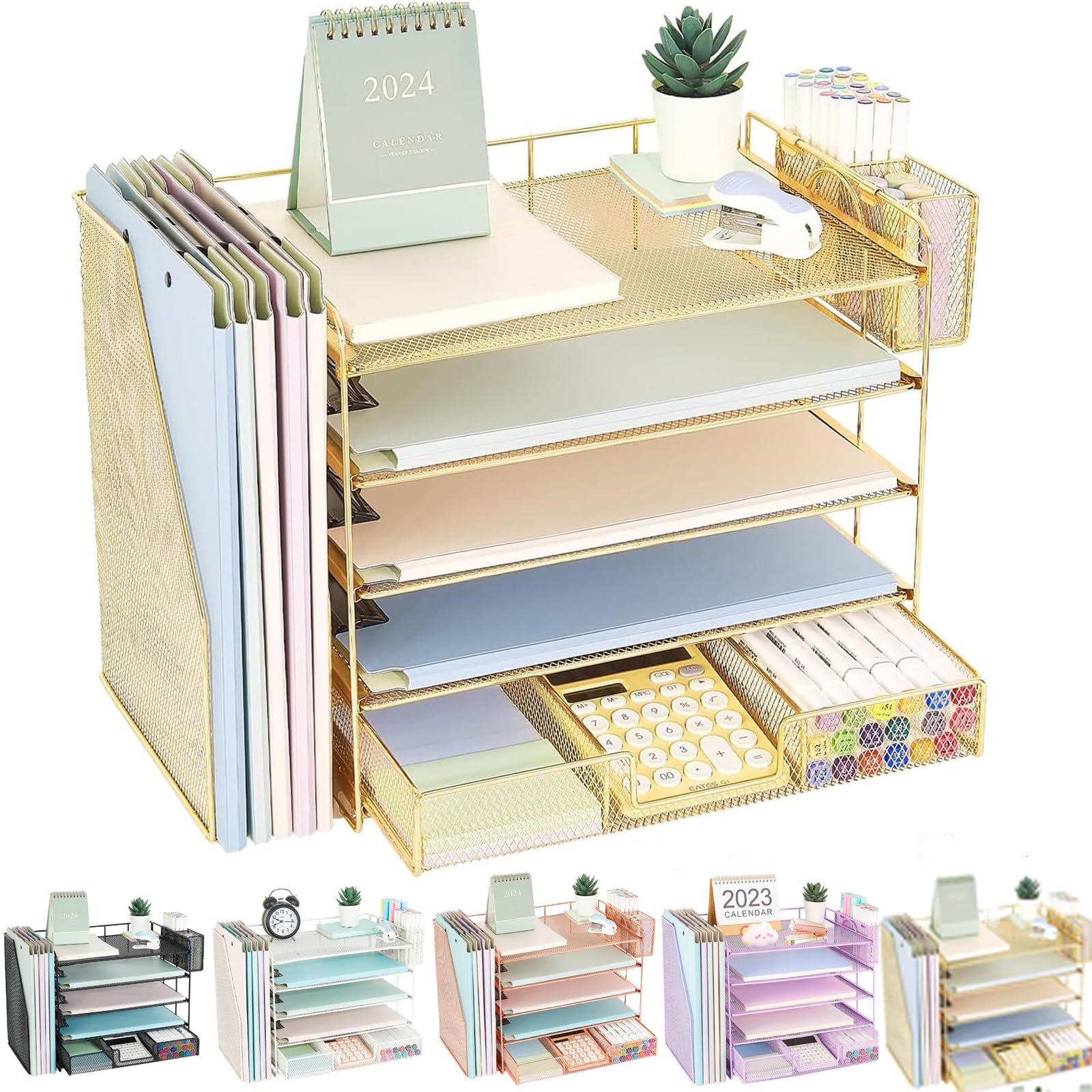 Youbetia 5-Tier Desk Organizer with Vertical File Racks & Drawer - Desktop Paper Tray Office Organizer with Pen Holder - Workspace Accessories for Home & Office (Gold) - Perfect for Organizing Documents, Stationery & Office Supplies