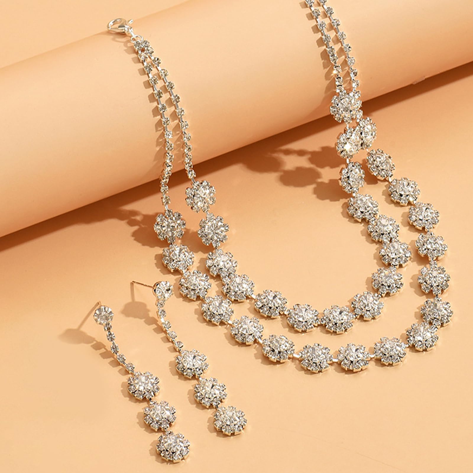 HUASAI Sterling Silver Bridal Jewelry Set - Sparkling Cubic Zirconia Necklace & Earrings for Weddings, Prom, Formal Events | Elegant Wedding Guest Jewelry for Dresses 2024 | Perfect for Bridal Showers, Anniversary Gifts & Special Occasions