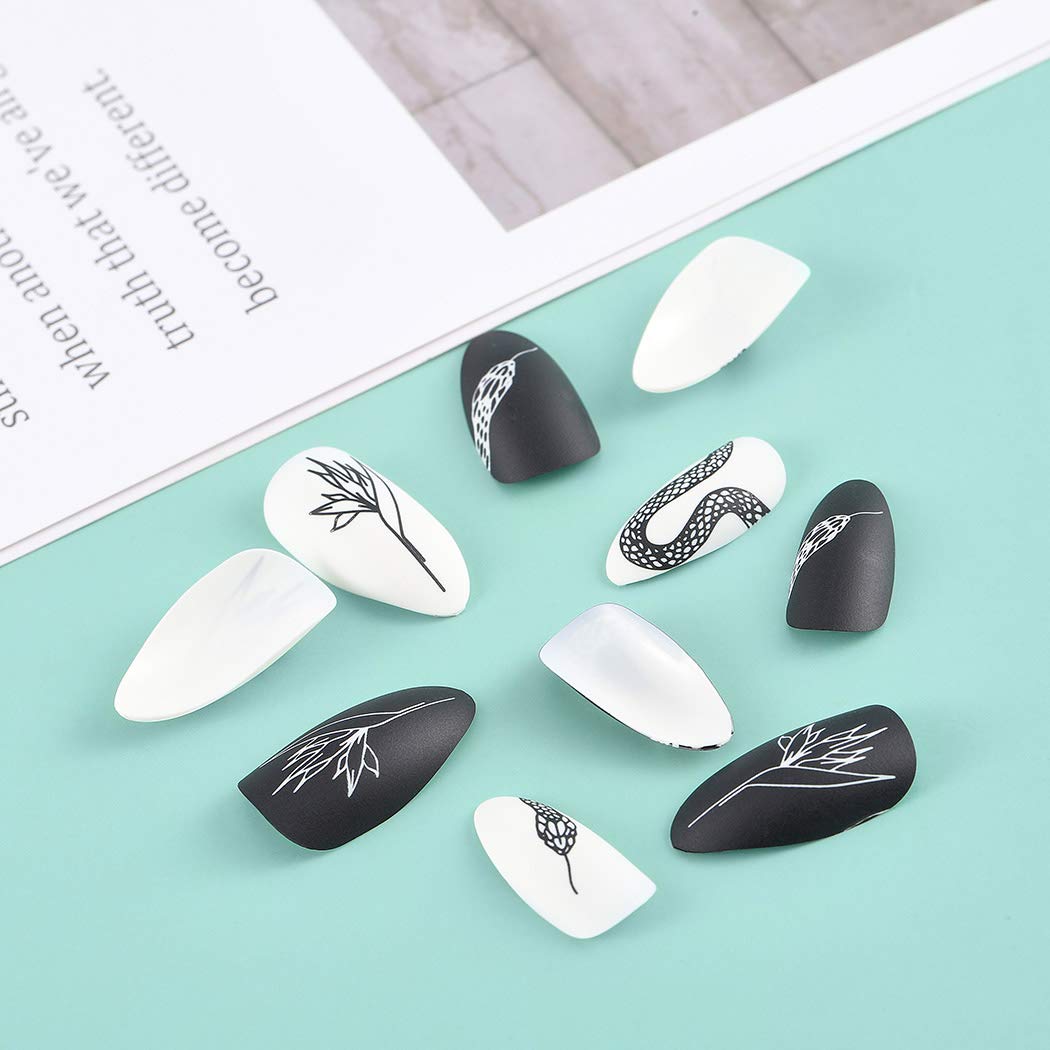 Sethexy 24Pcs Matte Stiletto Press on Nails - Black White Snake Print Acrylic Fake Nails for Women, Long Full Cover False Nails Tips | Perfect for Parties, Weddings, and Special Occasions