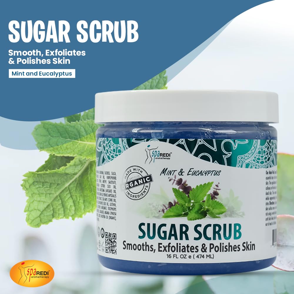 SPA REDI - Mint & Eucalyptus Sugar Body Scrub 16 Oz - Exfoliating & Moisturizing for Smooth, Glowing Skin - Hydrating Body Polish with Natural Ingredients - Perfect for Spa Day, Dry Skin Care & Self-Care Routine