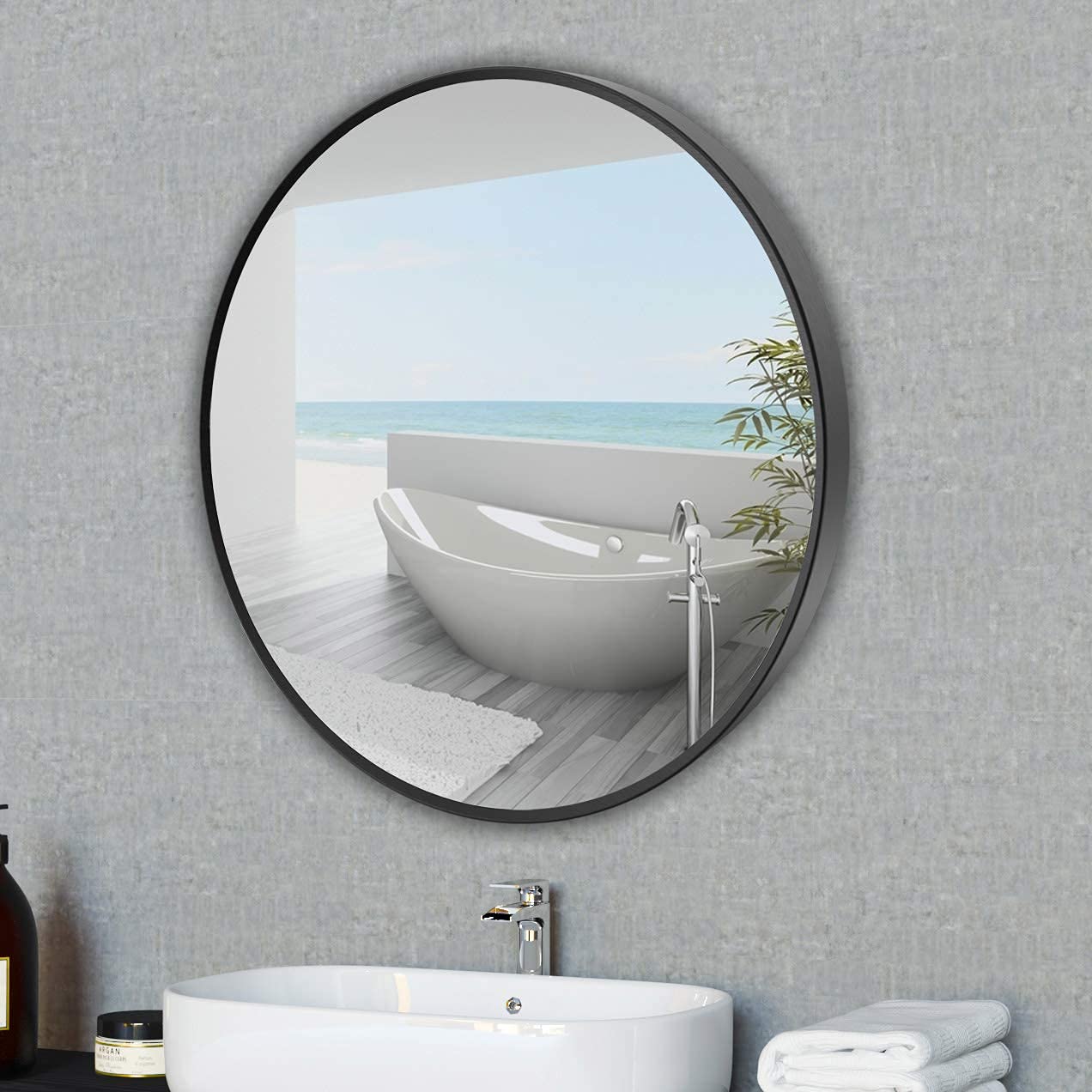 Deby 24 Inch Round Wall Mirror with Brushed Metal Frame - Black Circle Mirror for Bathroom, Entryway & Dining Room Decor | Perfect Makeup Mirror & Home Decoration Accent