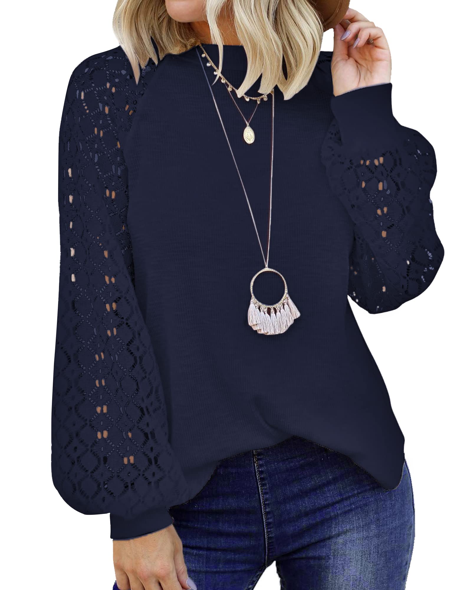 PLOKNRD Women's Long Sleeve Lace Waffle Knit T-Shirt - Casual Loose Blouse Top for Fall & Winter, Perfect for Office, Date Night and Everyday Wear
