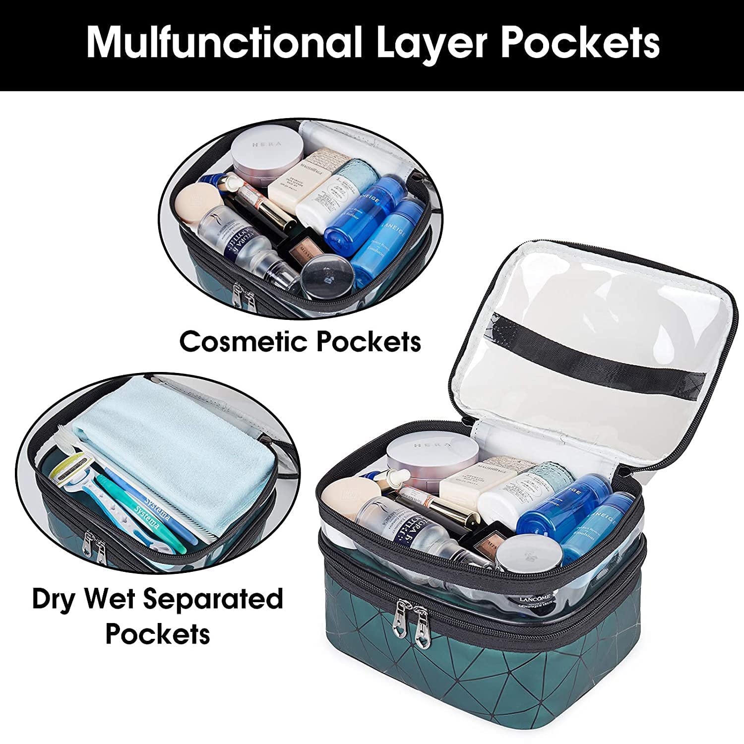 HITSHREE Women's Makeup Travel Organizer Toiletry Bag - Double Layer Cosmetic Case for Brushes & Beauty Tools, Portable Luxury Makeup Pouch (Green Diamond) | Perfect for Travel, Gym, and Daily Organization