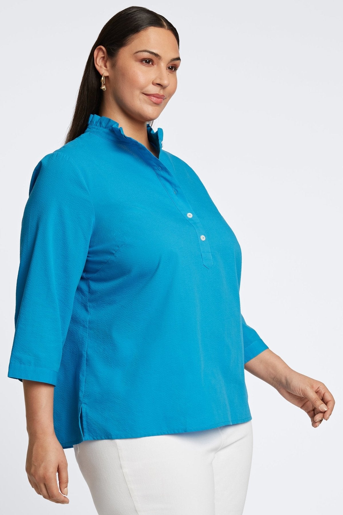 Mia Plus Seersucker 3/4 Sleeve Popover Shirt for Women - Lightweight Summer Casual Top - Perfect for Office, Beach & Vacation Outfits