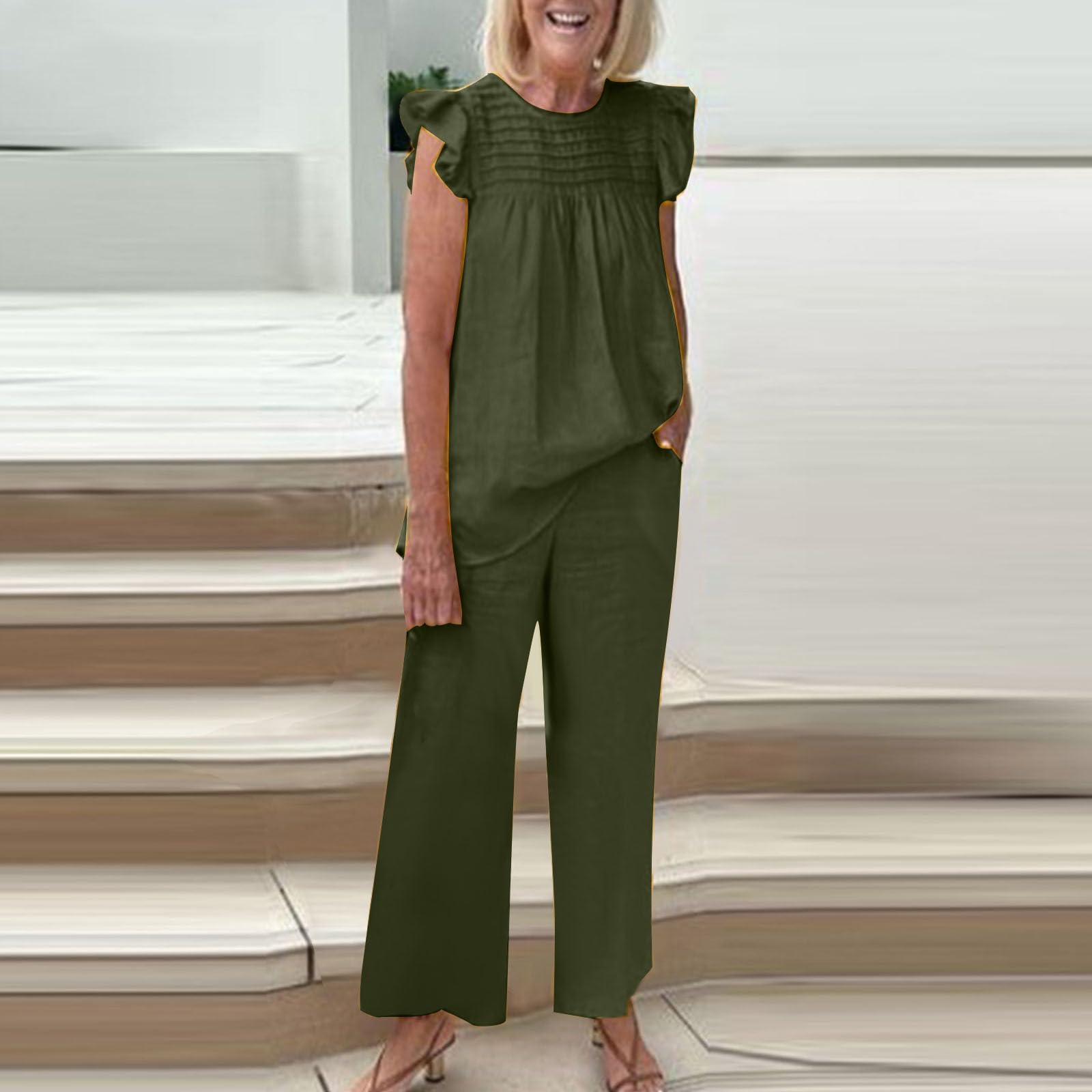 Women's 2-Piece Linen Lounge Set - Extra Long Tall & Plus Size Maternity Outfit - Soft Casual Pantsuit for Comfortable Relaxation at Home, Yoga, or Travel