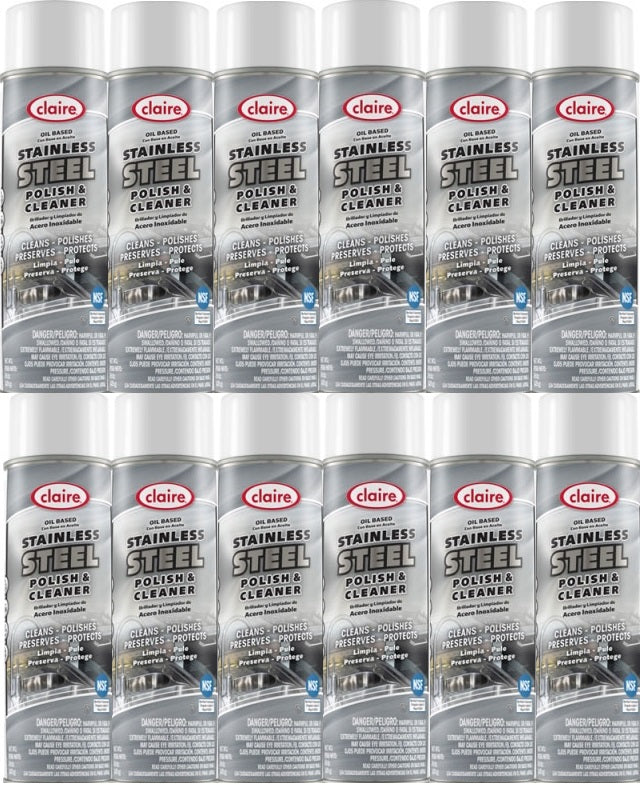 Claire's Premium Stainless Steel Polish & Cleaner Aerosol Spray - 12 Pack (20oz Each) - Professional Metal Polish for Kitchen Appliances, Sinks & Outdoor Fixtures - Perfect for Home & Commercial Use