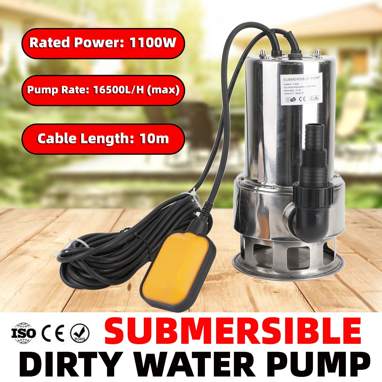 1100W Submersible Dirty Water Pump for Bore Tank Well - Automatic Steel Construction - Ideal for Flood Control, Drainage, and Irrigation
