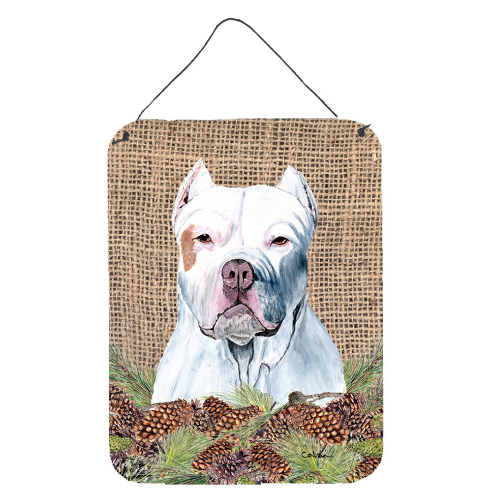 Pit Bull Faux Burlap & Pine Cones Metal Wall Decor - 12x16 Aluminum Sign for Kitchen, Bar, Bathroom, Front Door - Rustic Home & Office Decor - Perfect for Dog Lovers & Country Style Interior Design