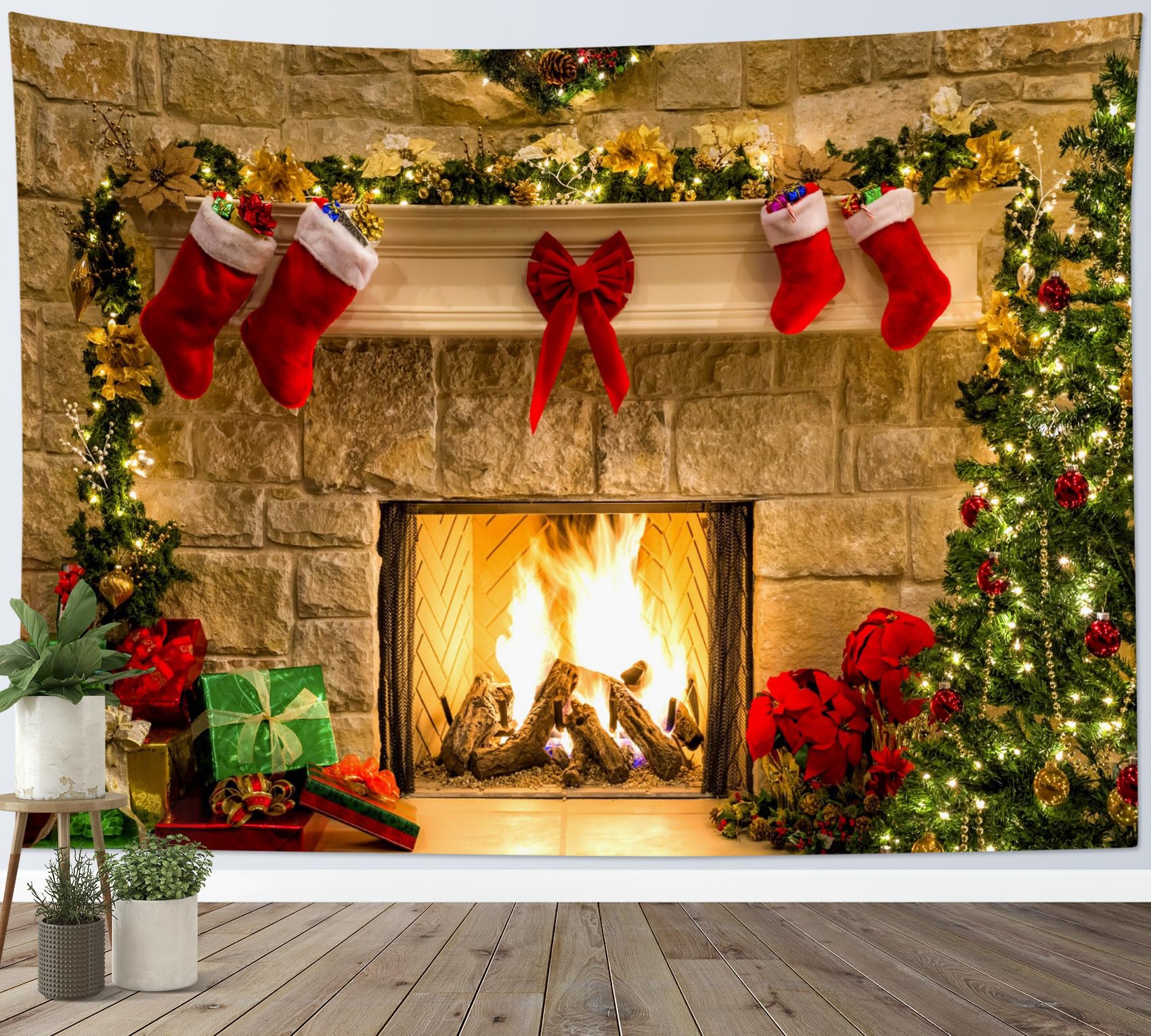 HVEST Christmas Tree Tapestry Wall Hanging - 92.5x70.9 Inch Large Holiday Decor with Stockings for Bedroom, Living Room & Dorm - Warm Orange Festive Wall Art for Christmas Decorations & Seasonal Home Styling