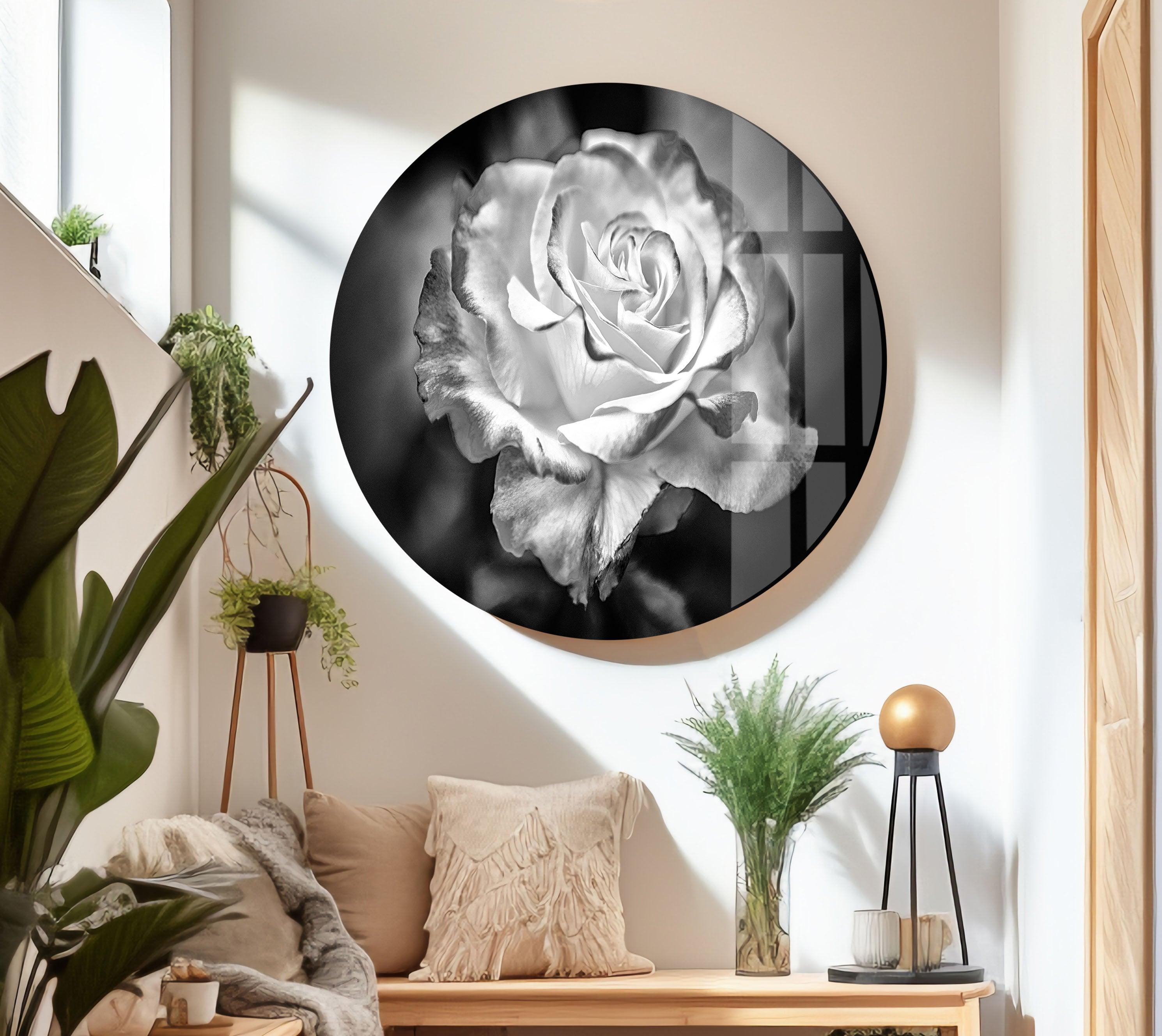 Elegant Black and White Rose Glass Wall Art - Modern Home Decor for Living Room, Bedroom & Office