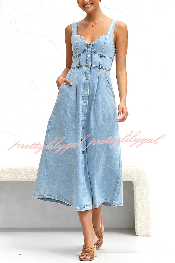 Spring Fling Washed Denim Button Pocket Back Smocked Midi Dress for Women | Casual Boho Vintage Floral Dress for Spring Summer Outfits, Beach Date & Picnic