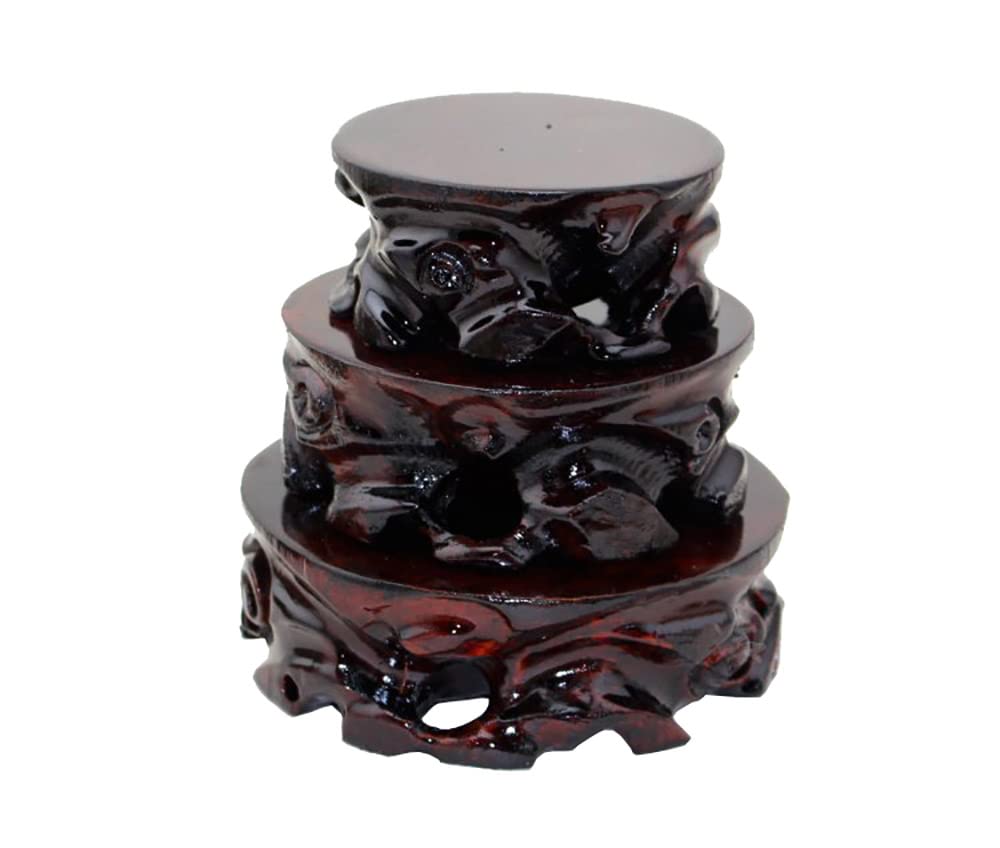 Solid Wood Rosewood Carved Vase Stand with Stone Base - 4.3 Inch Round Planter & Teapot Pedestal for Home Decor, Table Centerpiece, and Plant Display