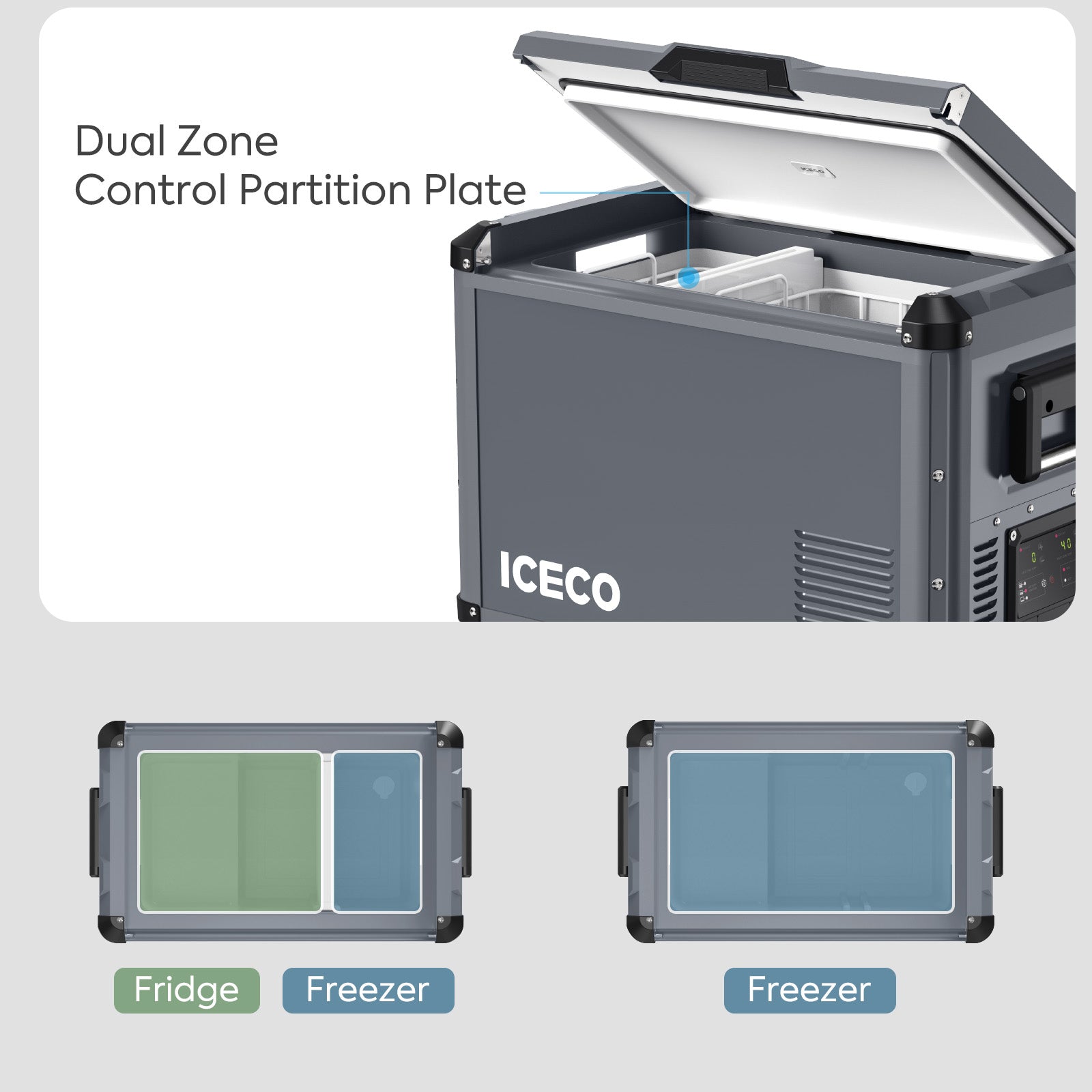 ICECO VL45ProD 45L Dual Zone Portable Freezer - Gray Compact Car Refrigerator for Camping, Road Trips & Outdoor Adventures