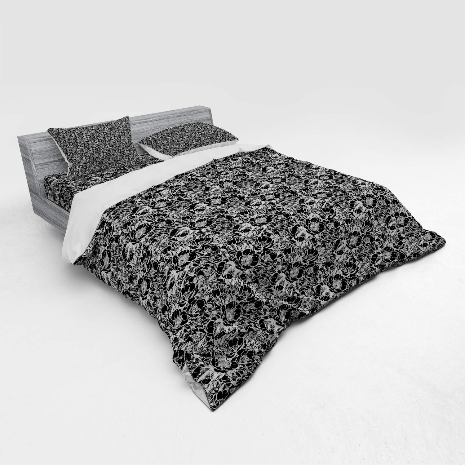 Ambesonne Floral Duvet Cover Set - Monochrome Peony Flowers Design, 4-Piece King Size Bedding Set with Pillow Shams & Fitted Sheet in Charcoal Grey & White | Perfect for Master Bedroom, Guest Room & Bohemian Home Decor