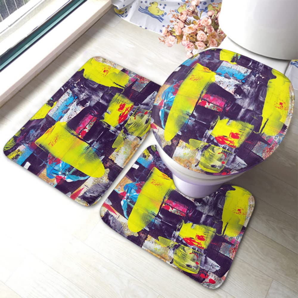 Zaueky Grunge Graffiti 3-Piece Bathroom Rug Set - Modern Colorful Non-Slip Bath Mats with Rubber Backing, U-Shaped Contour Rug & Toilet Lid Cover - Waterproof & Soft for Bathroom, Laundry Room & Dorm Decor