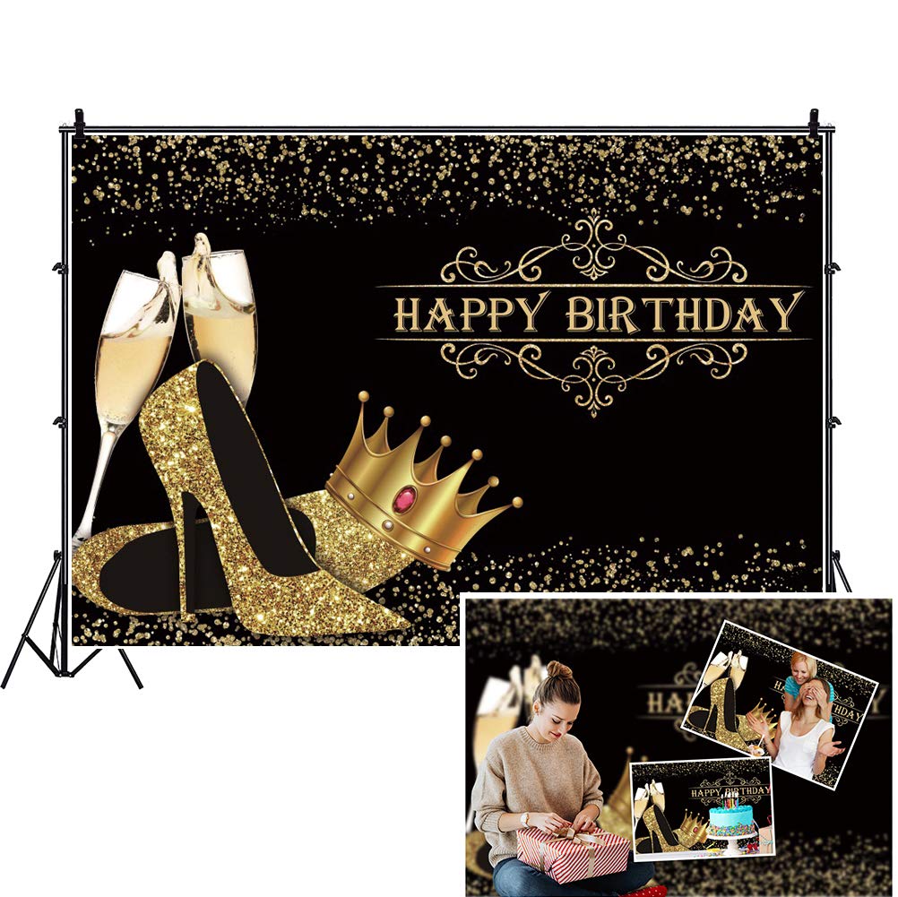 10x6ft Happy Birthday Backdrop for Women - Gold Crown Black & Gold Sequins Photography Background | Princess Quinceanera Party Decor, YouTube Photo Props, Champagne Birthday Celebration