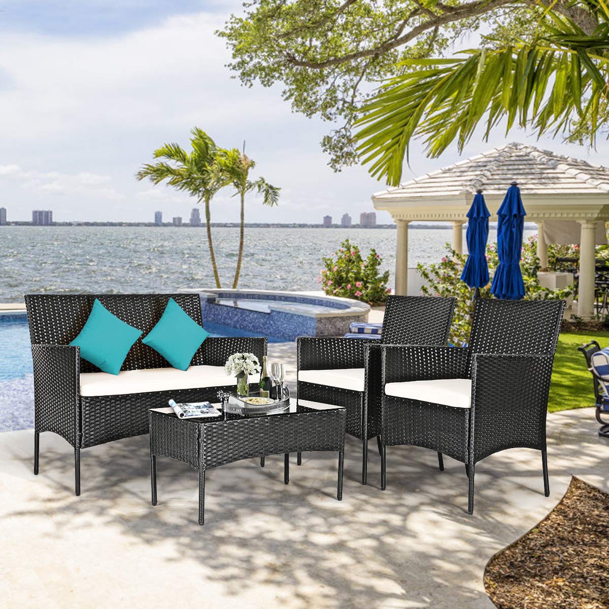 Tangkula 8-Piece Outdoor Patio Furniture Set - All-Weather Wicker Sofa Set with Tempered Glass Coffee Table, Rattan Loveseat & Chairs with Thick Cushions - Perfect for Backyard, Garden, Poolside & Patio Relaxation (Beige, 2-Person Seating)