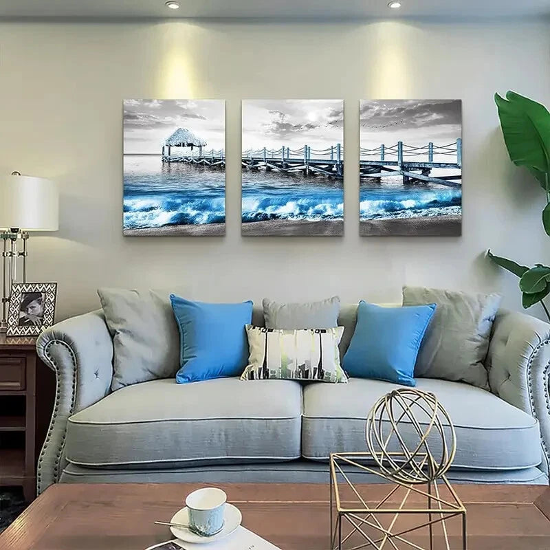 3Pcs Ocean Wave Metal Wall Art Prints - Ready to Hang Coastal Decor for Living Room, Bedroom & Office