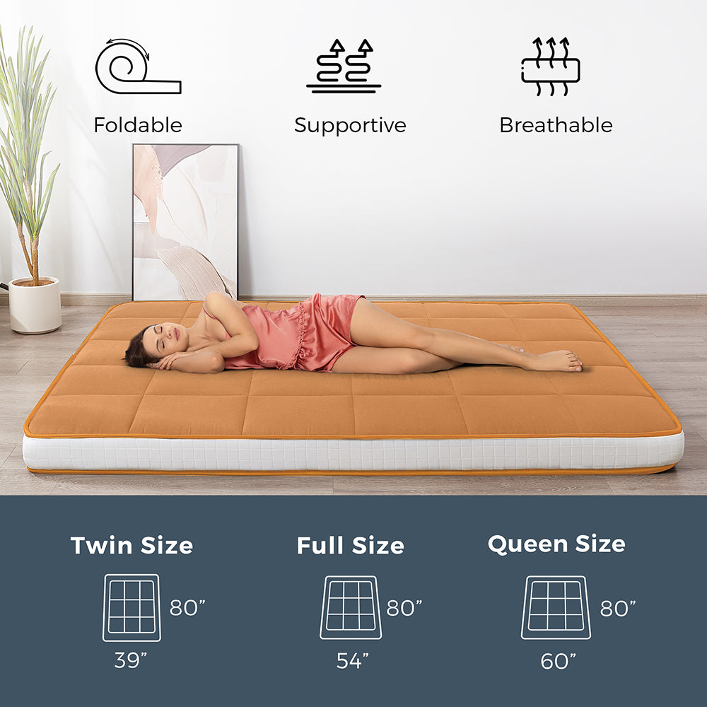 MAXYOYO 6-Inch Extra Thick Square Floor Futon Mattress - Foldable Memory Foam Topper Mattress Pad in Light Brown | Perfect for Guest Beds, Dorm Rooms & Small Apartments