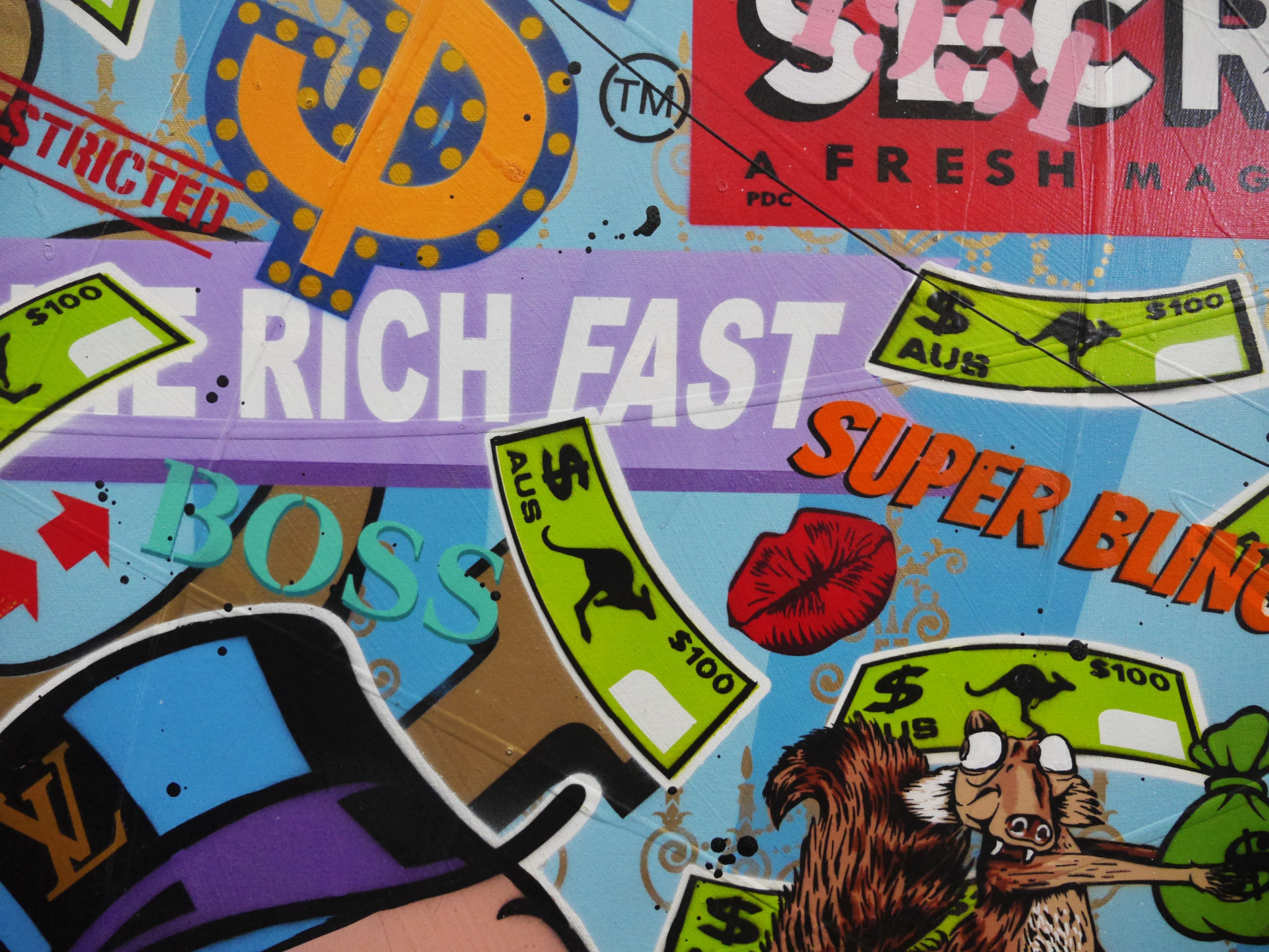 Monopoly Man Textured Urban Pop Art Painting - 120cm x 150cm Money Bags Wall Decor for Game Room, Office & Modern Home