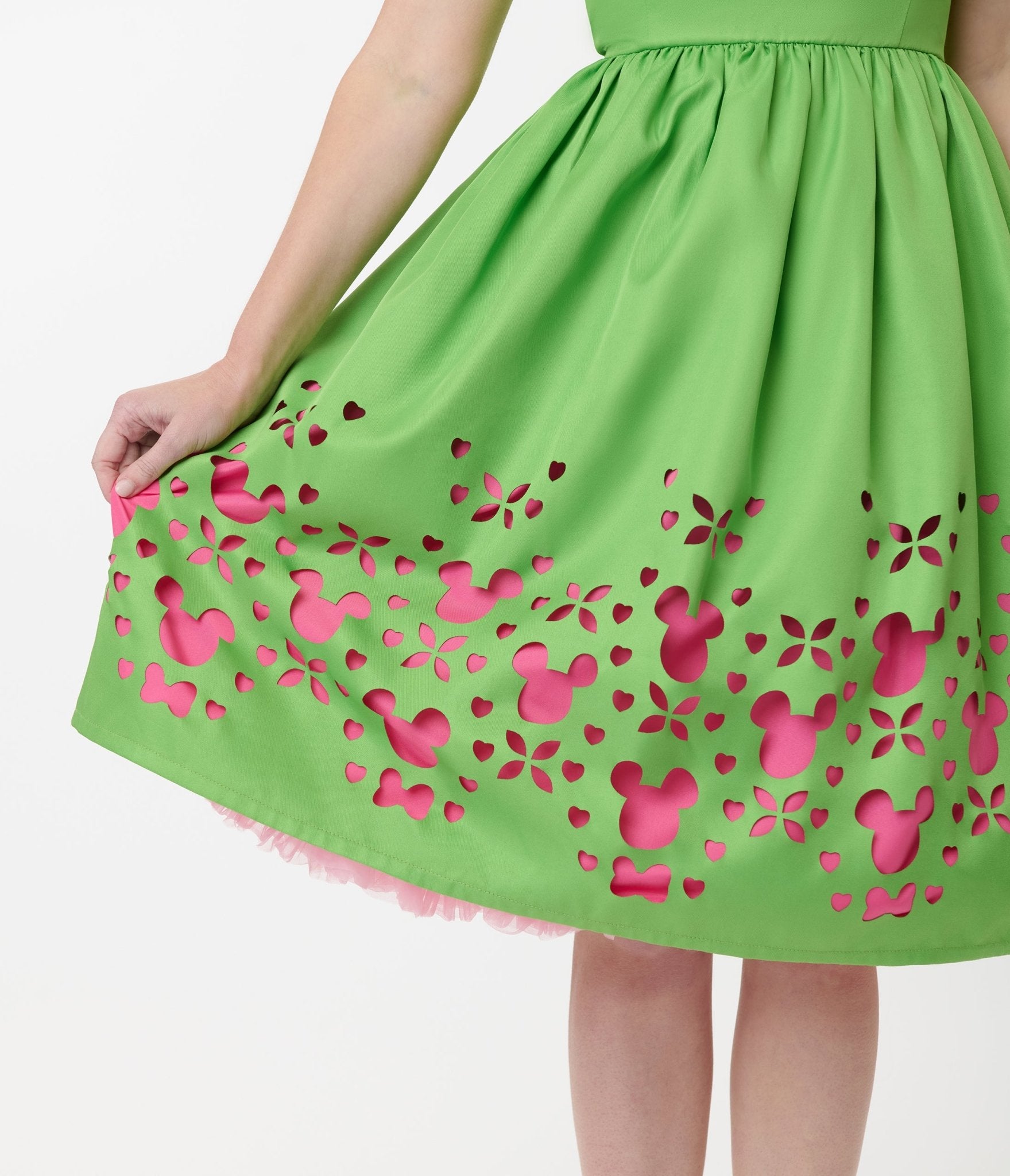 Disney Mickey & Friends Vintage Neon Green & Pink Cutout Swing Dress - Perfect for Cosplay, Theme Parks & Retro Fashion