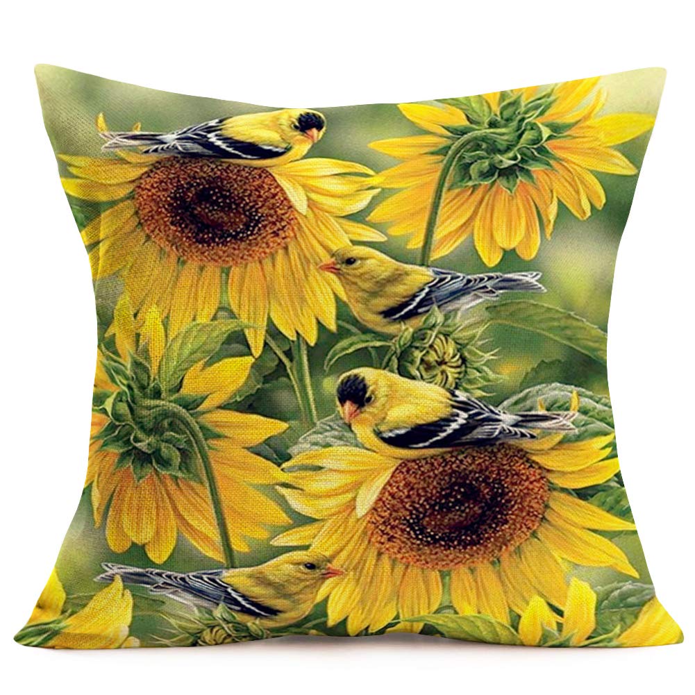 Smilyard 18x18 Inch Sunflower Throw Pillow Covers - Cotton Linen Decorative Cushion Covers with Lovely Animal & Bird Designs for Farmhouse, Living Room, Bedroom & Outdoor Decor (Yellow Flower Pattern, C-Sunflower 10)