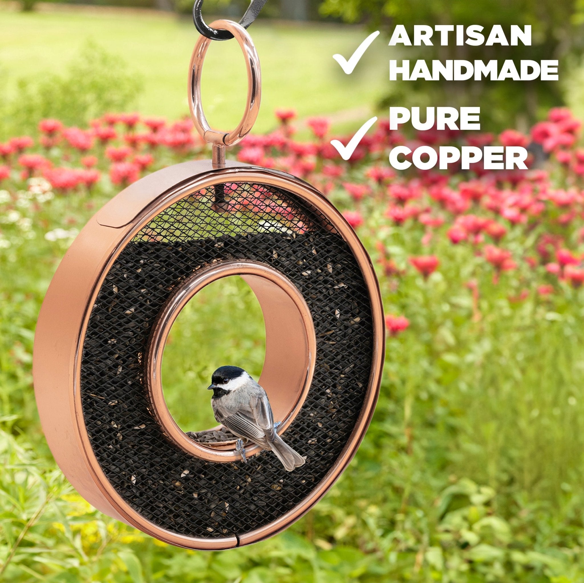 Premium Copper Circle Fly-Thru Bird Feeder with Mesh Panels - Durable Outdoor Garden Decor for Attracting Wild Birds (Ideal for Backyards, Patios & Nature Observation)