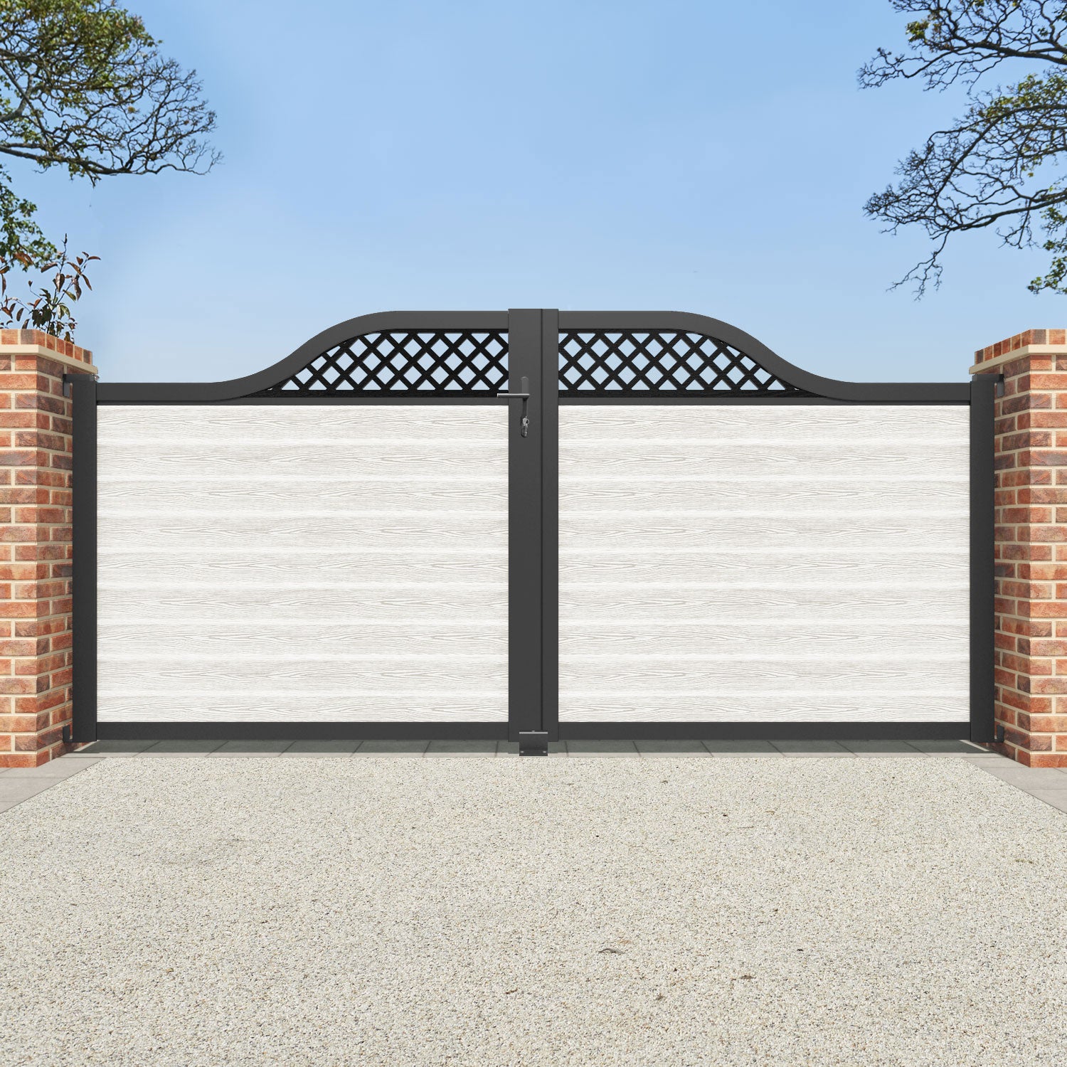 Classic Hive Curved Top Driveway Gate in Light Stone with Top Screen - Elegant Security Fence for Home, Garden, and Property Protection
