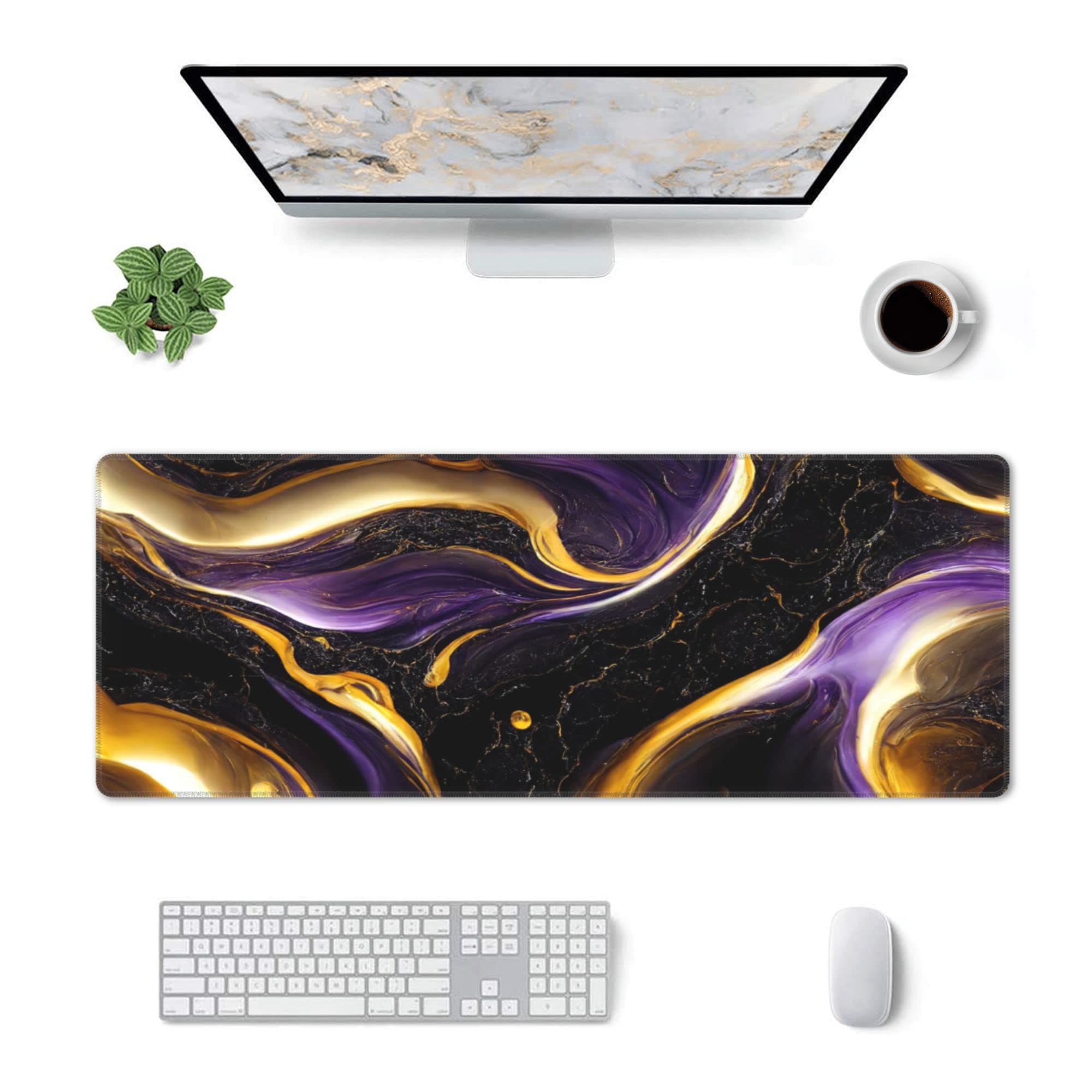 Black Marble Extended XL Gaming Mouse Pad - 31.5x11.8 Inch Large Desk Mat with Non-Slip Base for Computer, Keyboard & Mouse - Premium Office & Home Workspace Accessory (Purple & Gold Marble Design) - Perfect for Gaming Setups, Home Offices & Professional Workstations