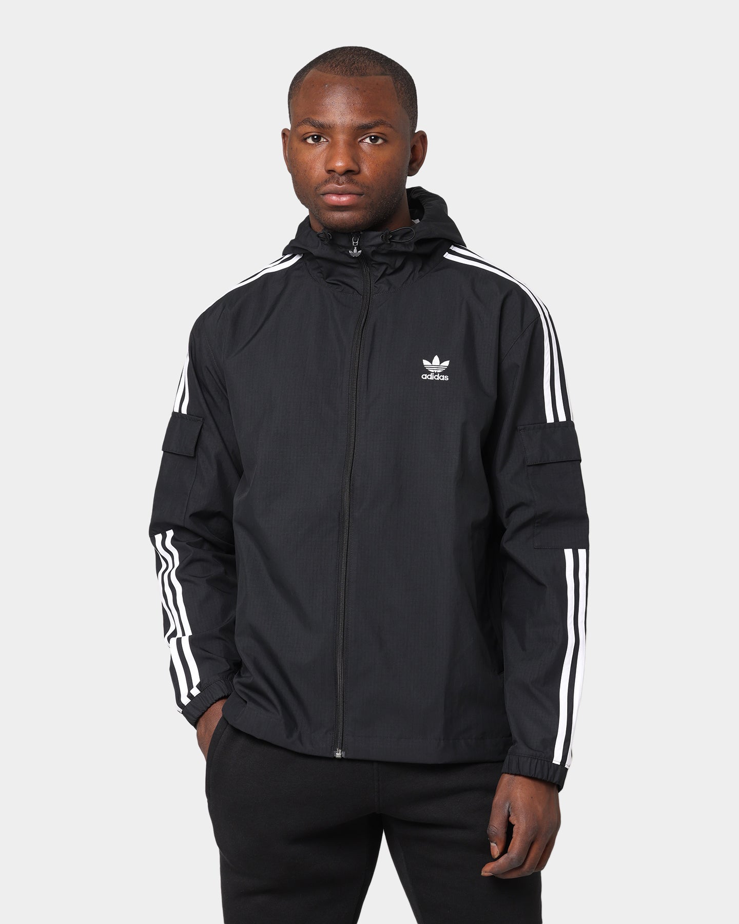 Adidas Classics 3 Stripe Full Zip Windbreaker Jacket - Black Men's Lightweight Hooded Track Jacket for Running, Gym & Outdoor Sports
