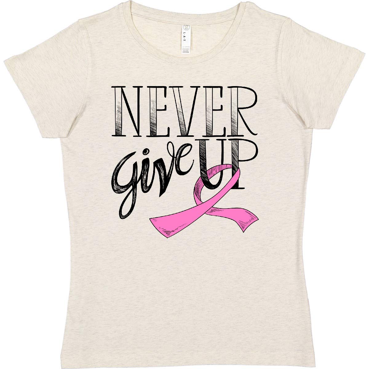 Inktastic Never Give Up Breast Cancer Survivor Pink Ribbon Women's T-Shirt - Comfortable Cotton Tee for Awareness, Fundraisers & Survivor Support
