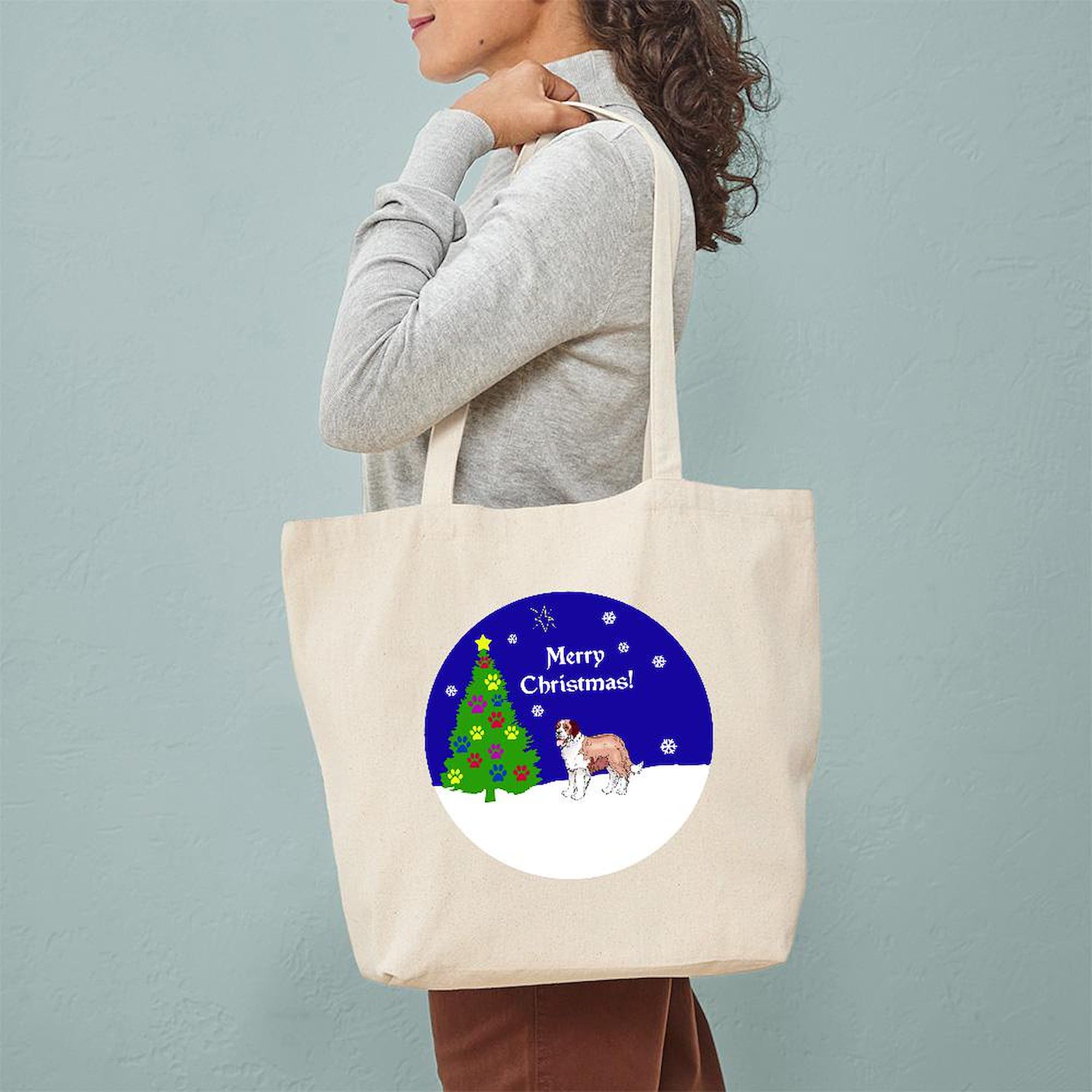 St Bernard Christmas Tote Bag - Natural Canvas Reusable Shopping Bag for Holiday Gifts, Groceries & Everyday Use