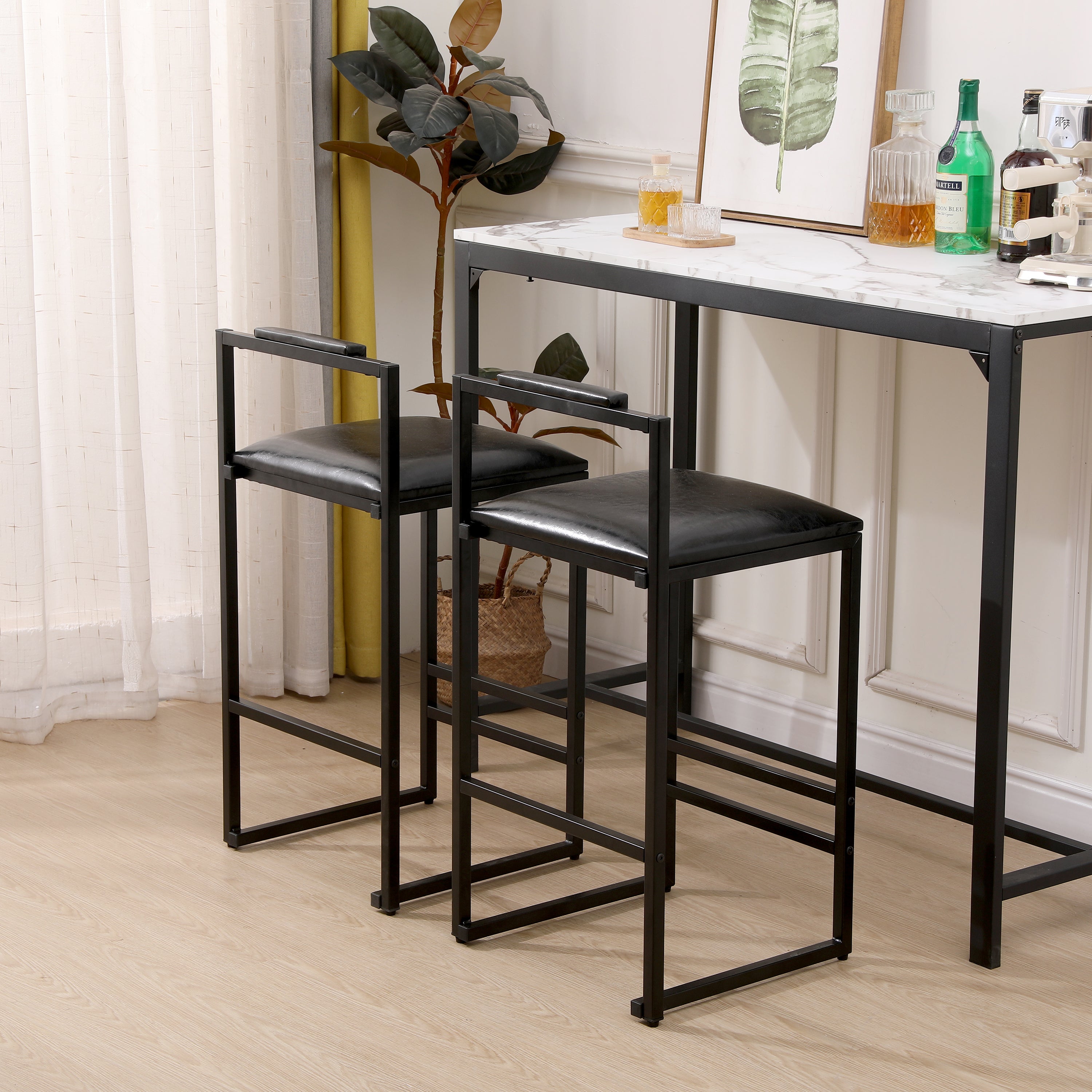 Set of 2 Black PU Leather Bar Stools with Backrest & Footrest - Counter Height Kitchen Island Stools for Home Bar, Breakfast Nook & Dining Room Decor