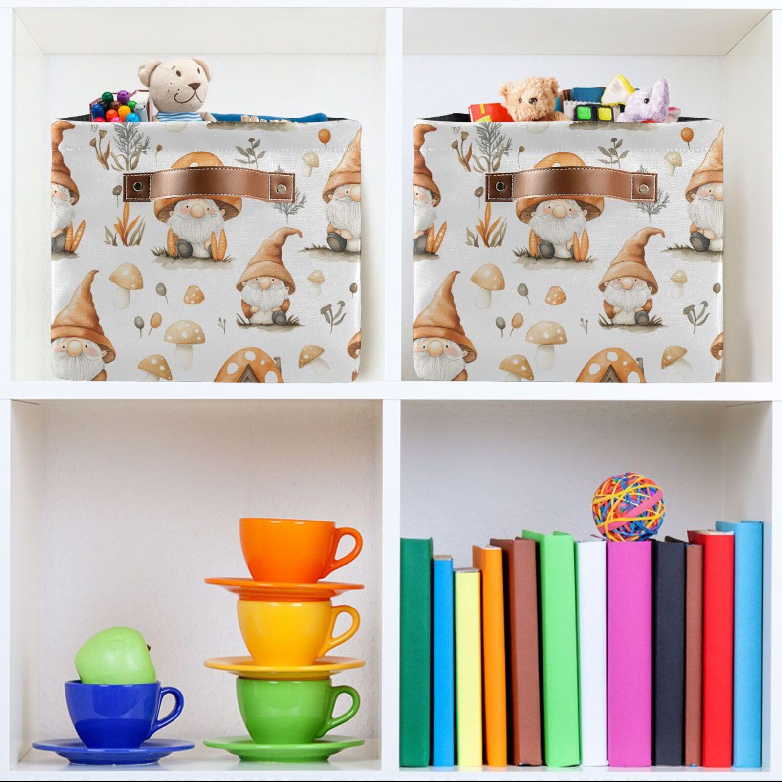 Qilmy Mushroom Gnome Storage Basket 2 Pack - Collapsible Canvas Rectangular Bin with Leather Handles for Closet, Office, Nursery & Home Organization | Perfect for Toy Storage, Blanket Baskets & Bedroom Decor