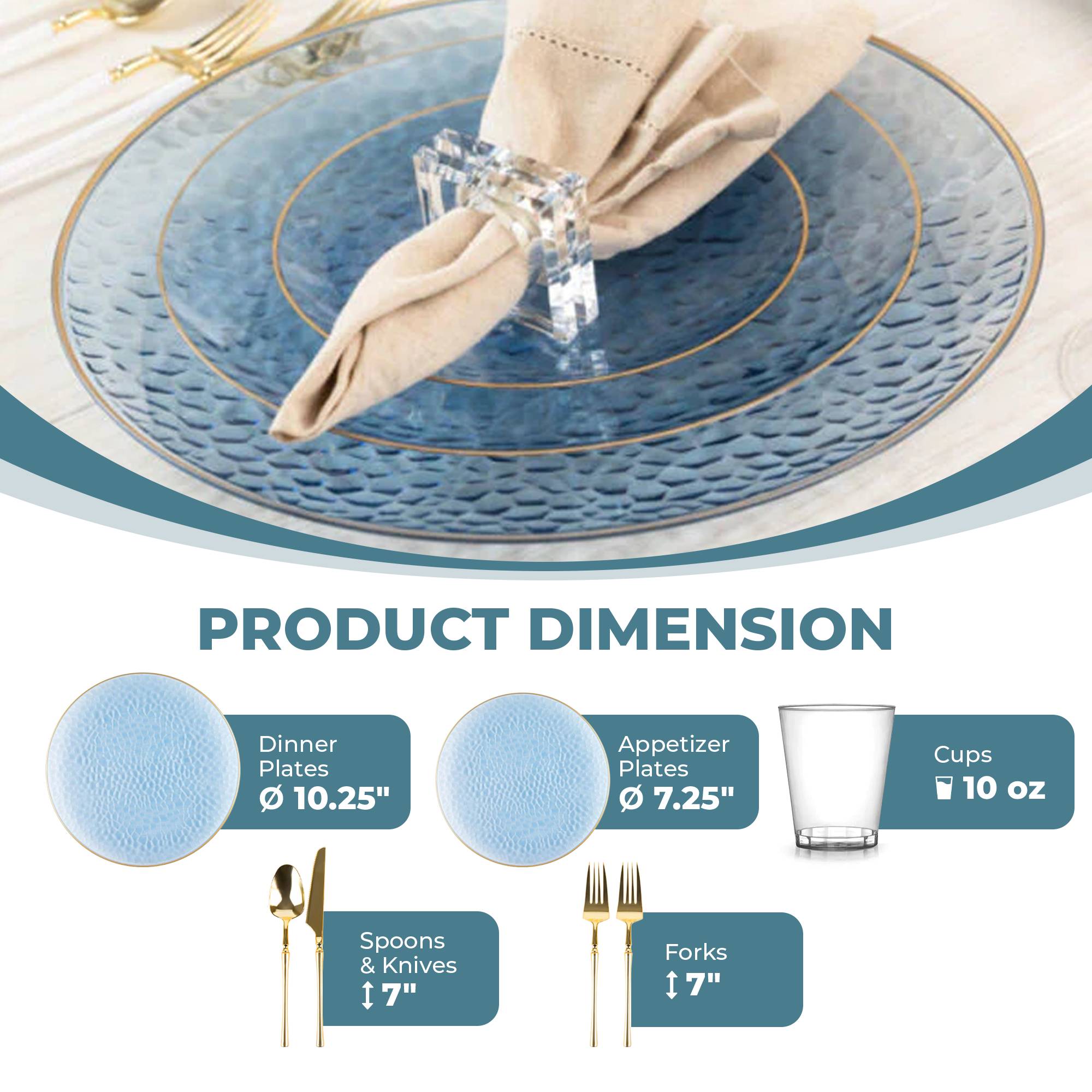 Blue and Gold Plastic Party Bundle - Organic Hammered Tableware Set for Birthday, Wedding & Holiday Celebrations