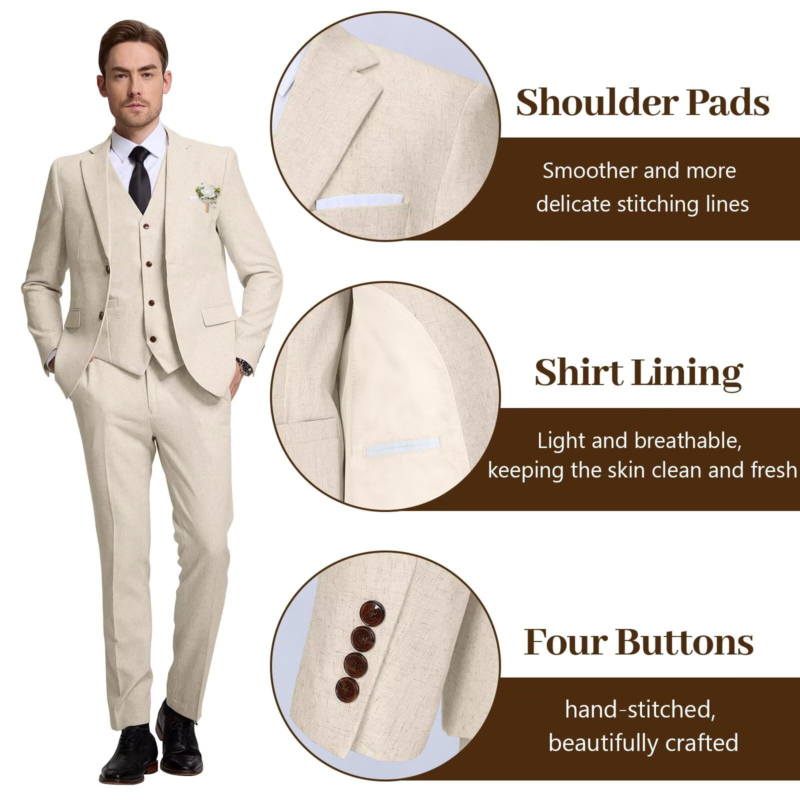 Premium Men's Retro Linen Suit - Slim Fit 3 Piece Set with Jacket, Vest & Pants - Formal Wedding Attire & Groom Tuxedo for Casual Events, Business Meetings & Special Occasions