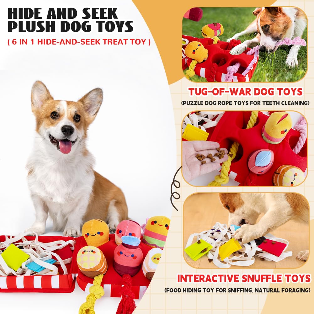 Interactive Squeaky Snuffle Hide & Seek Tug Rope Plush Dog Toys - Natural Foraging Nose Work Chew Toys for Small & Medium Puppies - Boredom Relief & Anxiety Soothing - Perfect for Indoor Play, Training & Mental Stimulation