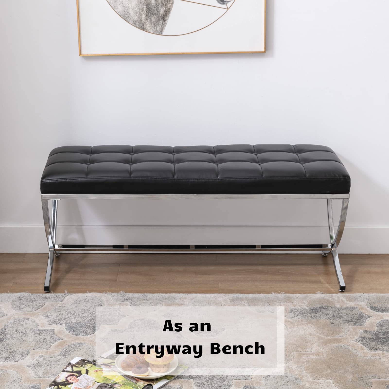 Modern Dining Bench with Button Tufted Ottoman & Metal Legs - Upholstered PU Faux Leather Footstool for Living Room, Entryway, Bedroom - Black | Perfect for Dining Tables, Hallway Seating & Bedroom Decor