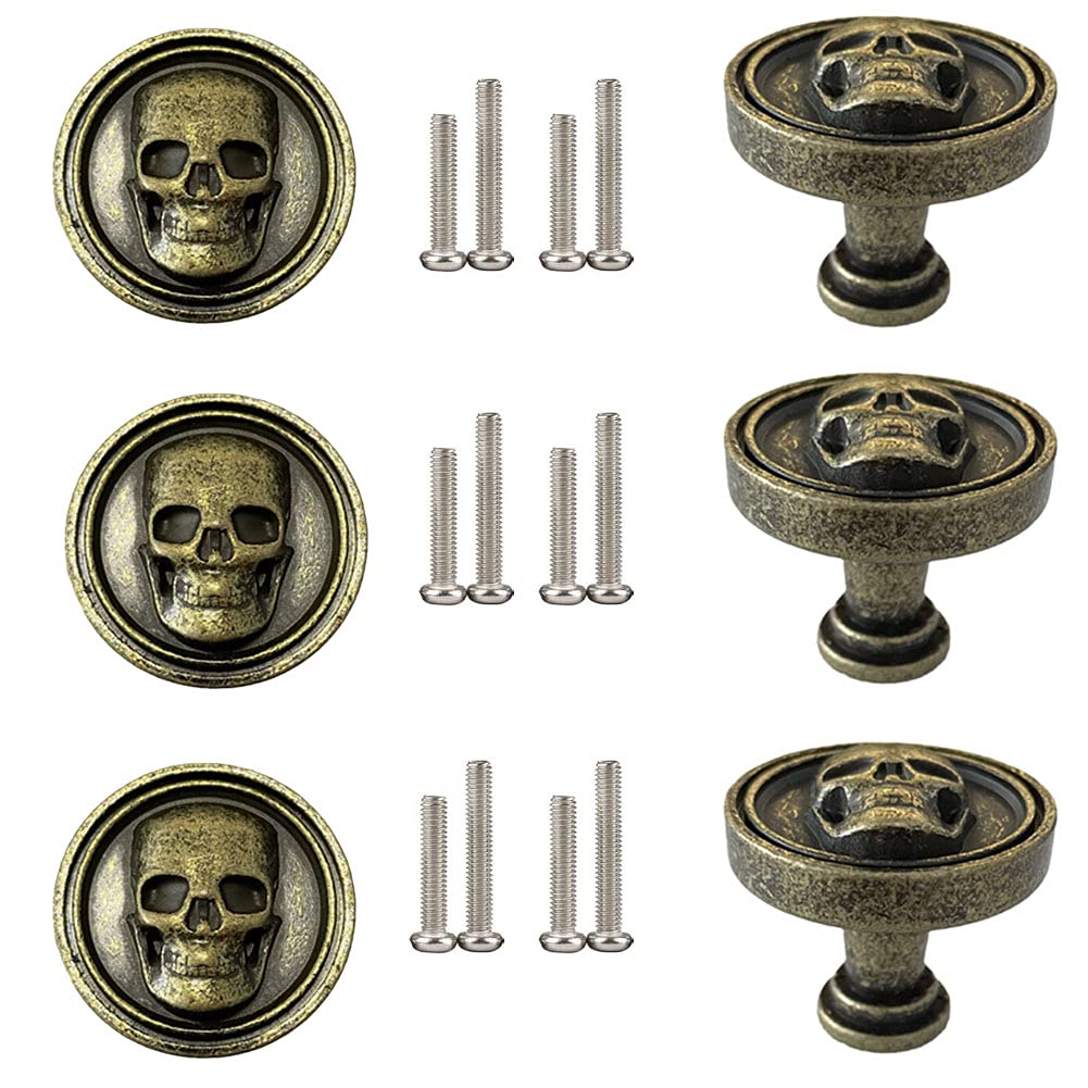 Ackron Creative Skull Knobs Drawer Pulls - Zinc Alloy Cabinet Handles for Dresser, Wardrobe & Kitchen (6-Pack, Bronze) | Gothic Home Decor & Unique Hardware Upgrade for Bedroom, Office & Vintage Furniture