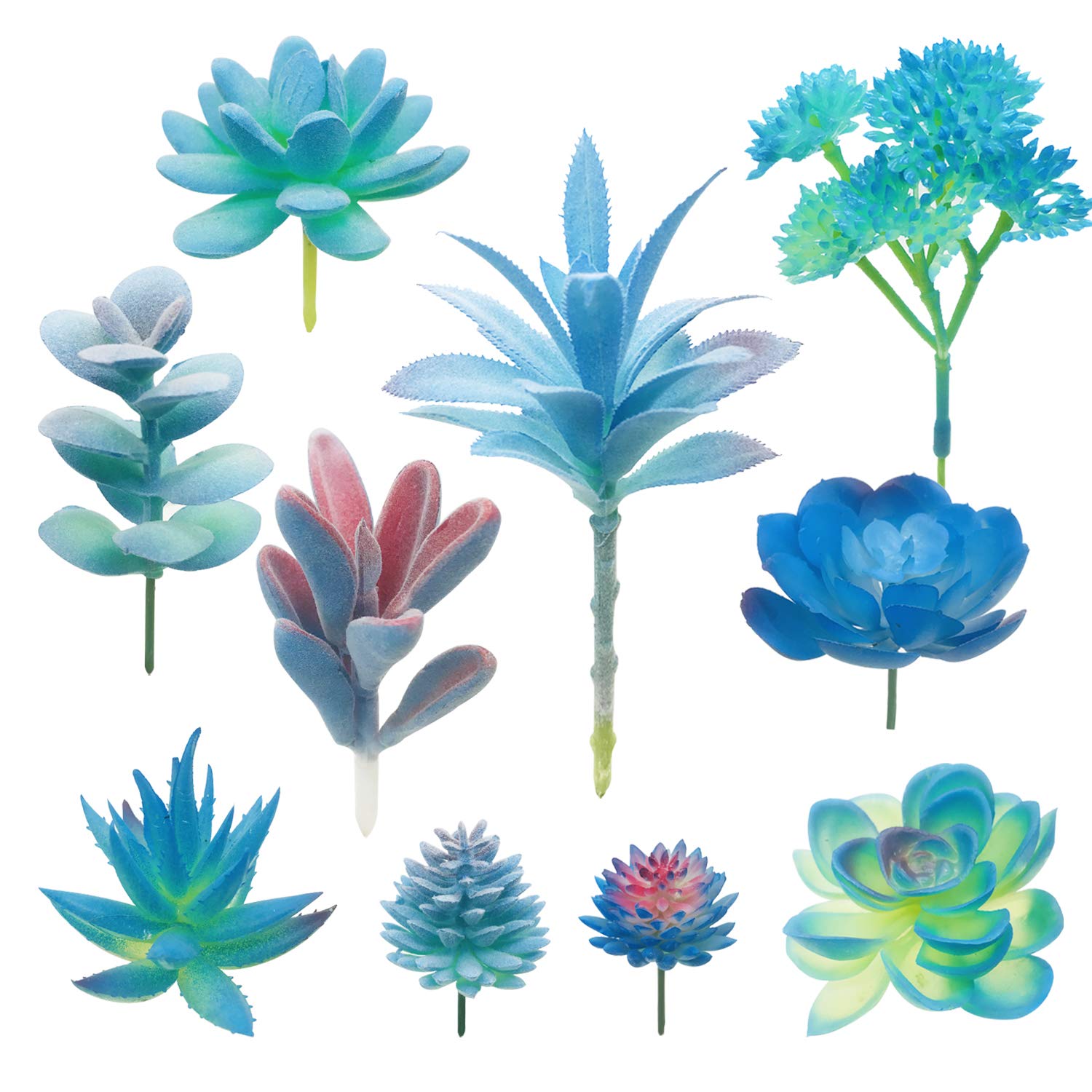 Woohome 10 PCS Blue Artificial Succulent Plants - Fake Succulent Assortment in Flocked Blue for Home Decor, Indoor Wall Garden, DIY Crafts, Wedding Centerpieces & Office Desk Decorations