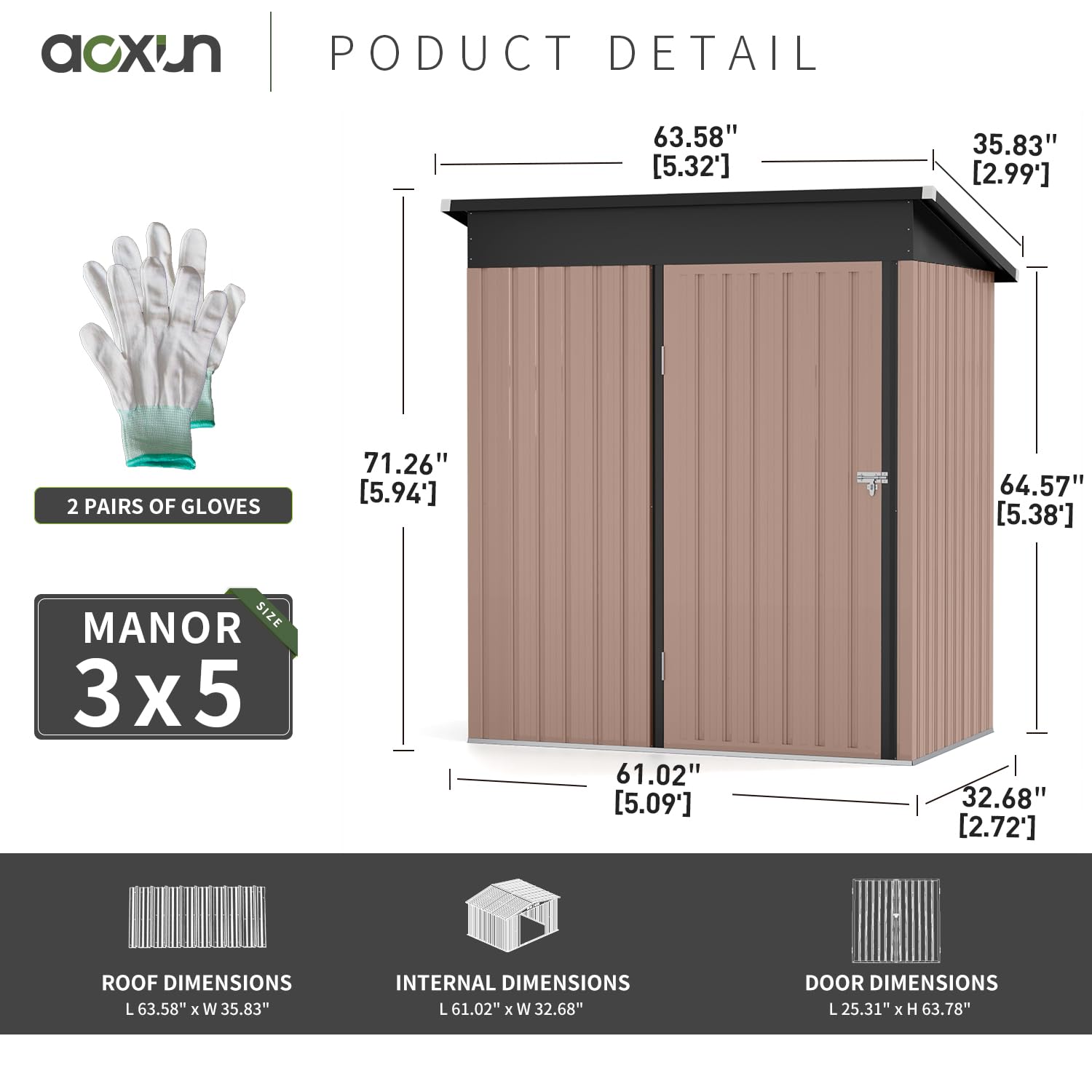 Aoxun 5x2.7 FT Outdoor Metal Storage Shed - Heavy Duty Waterproof Galvanized Steel Garden Shed with Sloping Roof & Lockable Door - Perfect for Storing Lawn Mowers, Gardening Tools, Patio Furniture & Backyard Equipment (Brown)
