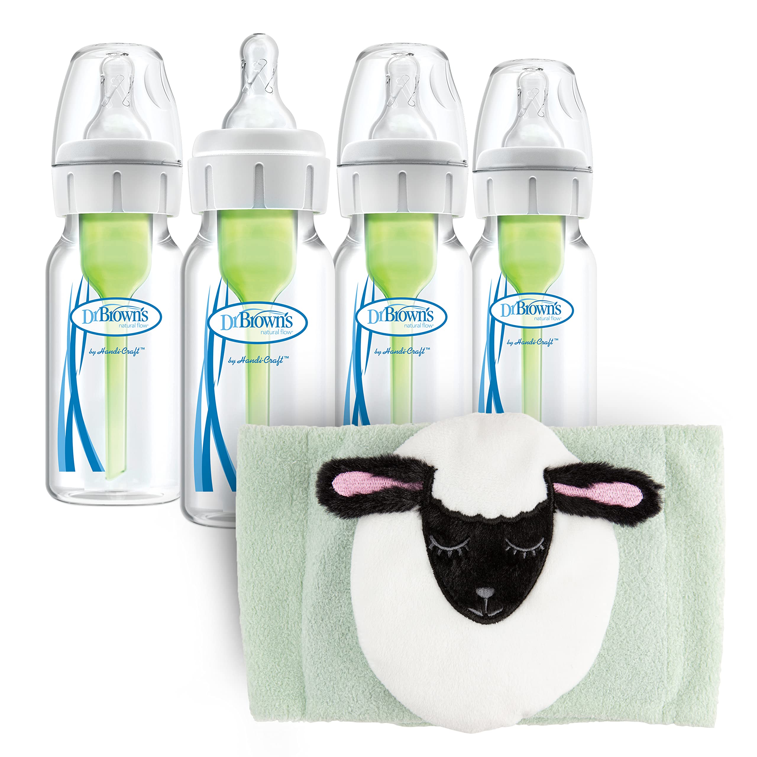 Dr. Brown’s Anti-Colic Options+ Narrow Baby Bottles 4oz 4-Pack with Infant Gripebelt – Natural Gas & Stomach Relief for Newborns & Toddlers 0-3 Months (Lamb Design) – Perfect for Feeding & Soothing Colicky Babies at Home or On-the-Go